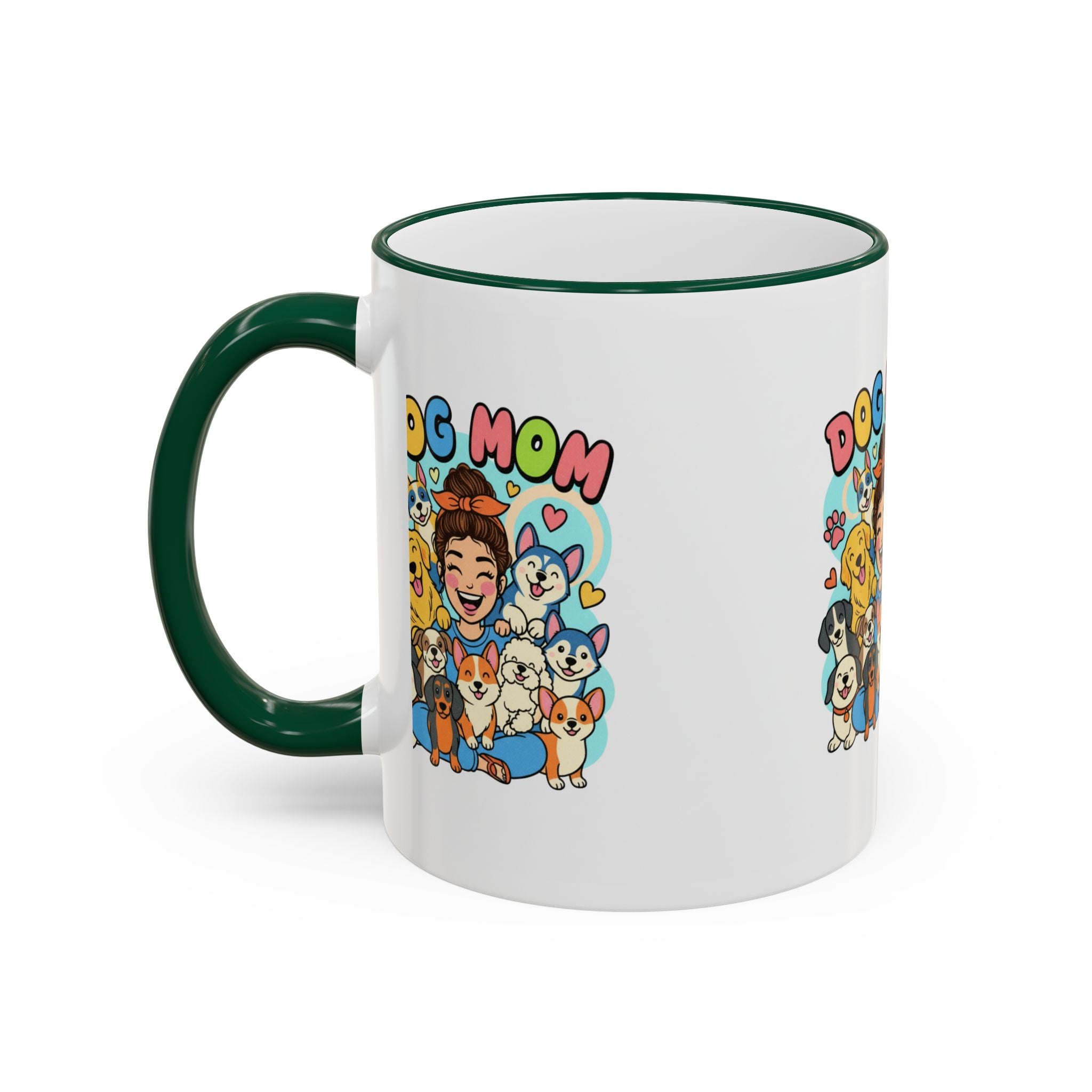 Dog Mom Mug — Cute Cartoon Dogs Accent Rim & Handle Coffee Cup (11oz/15oz)