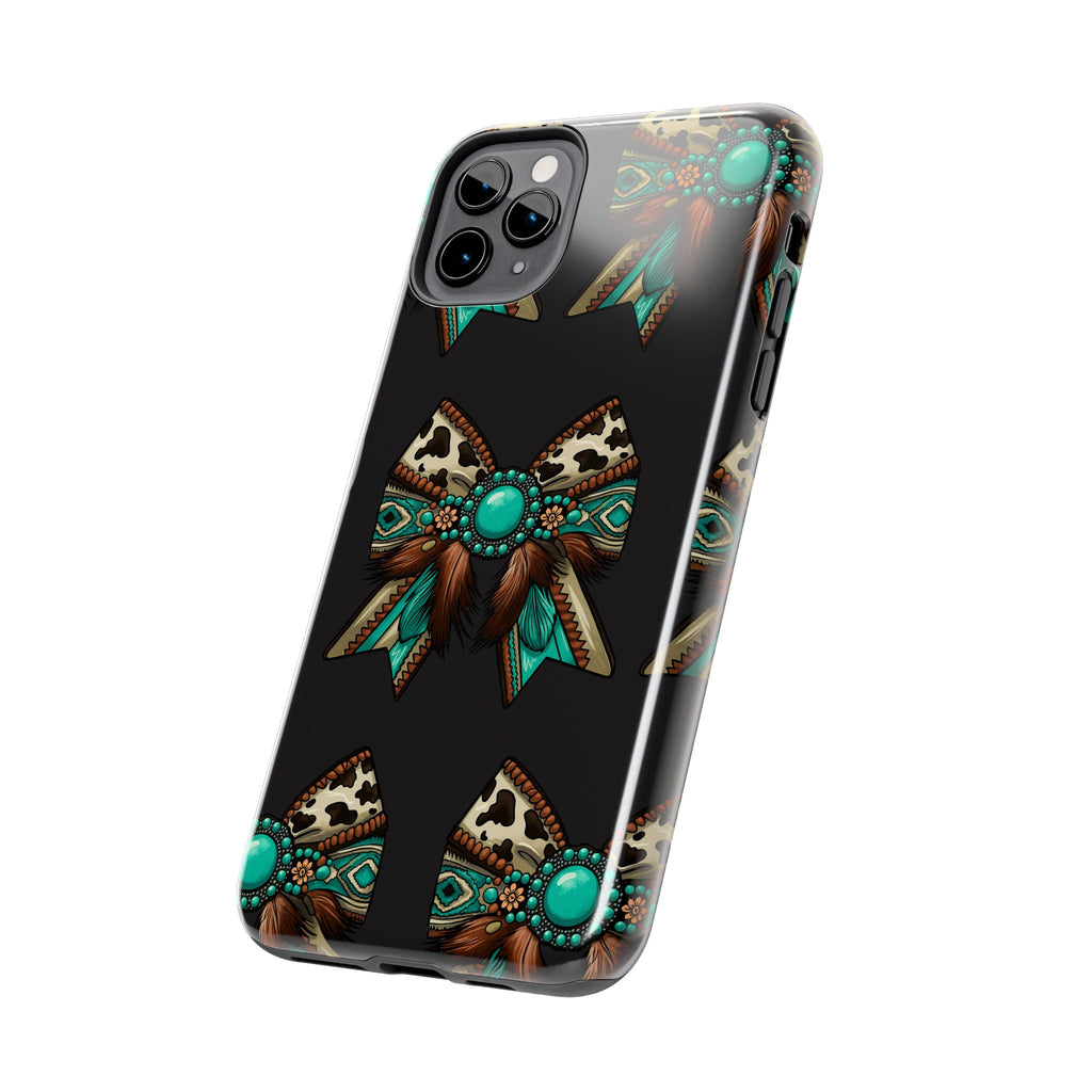 Turquoise Western Bow Tough Phone Case – Cowhide, Feathers & Bead Pattern