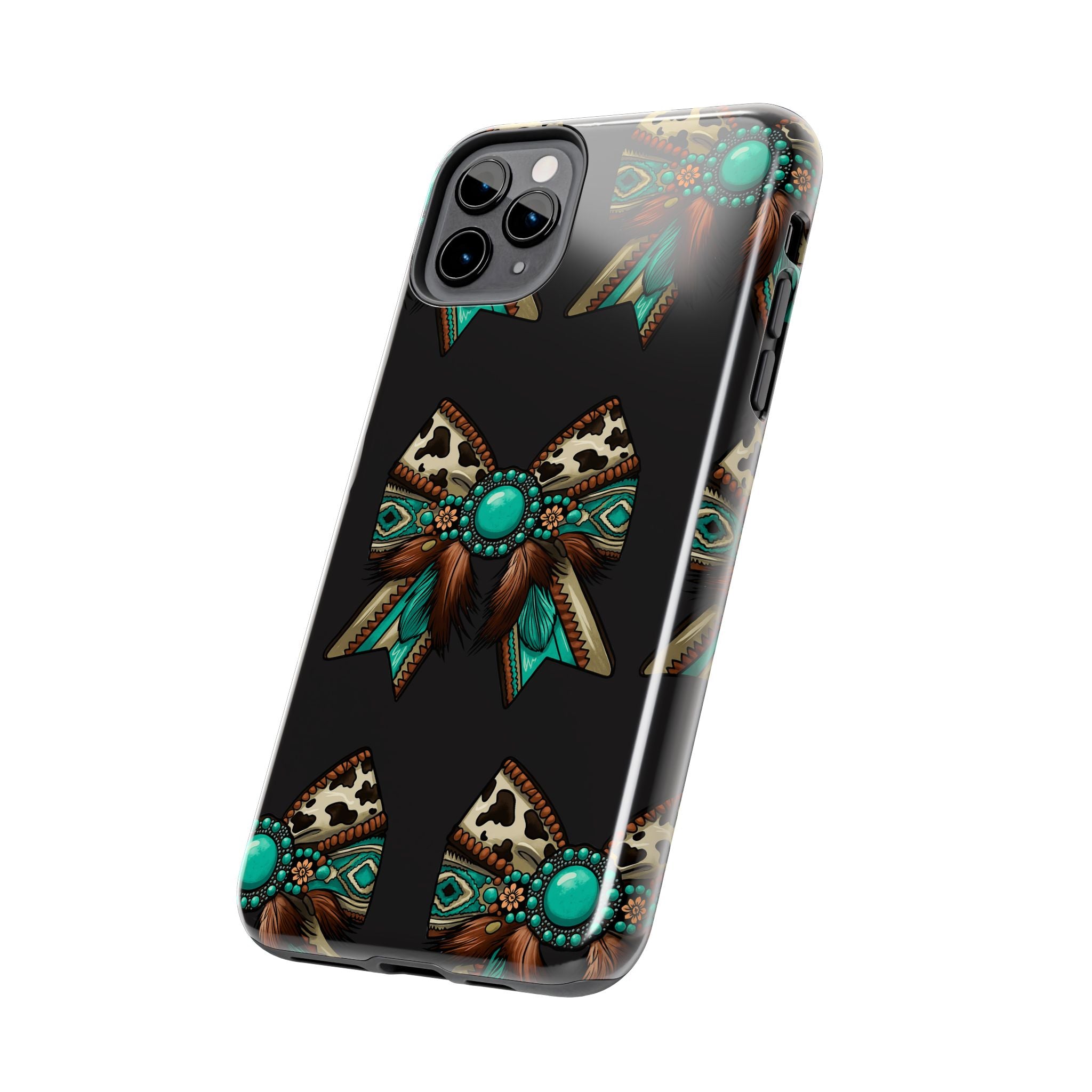 Turquoise Western Bow Tough Phone Case – Cowhide, Feathers & Bead Pattern