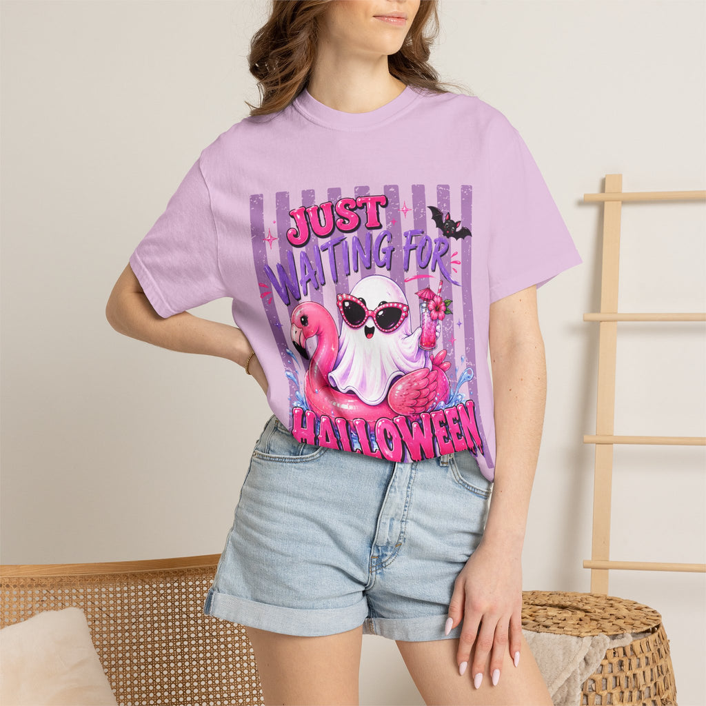 Just Waiting for Halloween T-Shirt — Cute Flamingo Ghost Halloween Tee