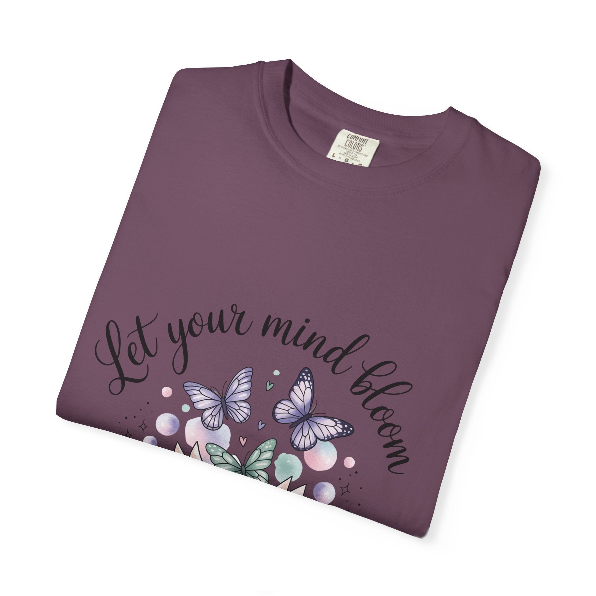 T-Shirt — “Let Your Mind Bloom” Book & Butterflies Graphic Tee