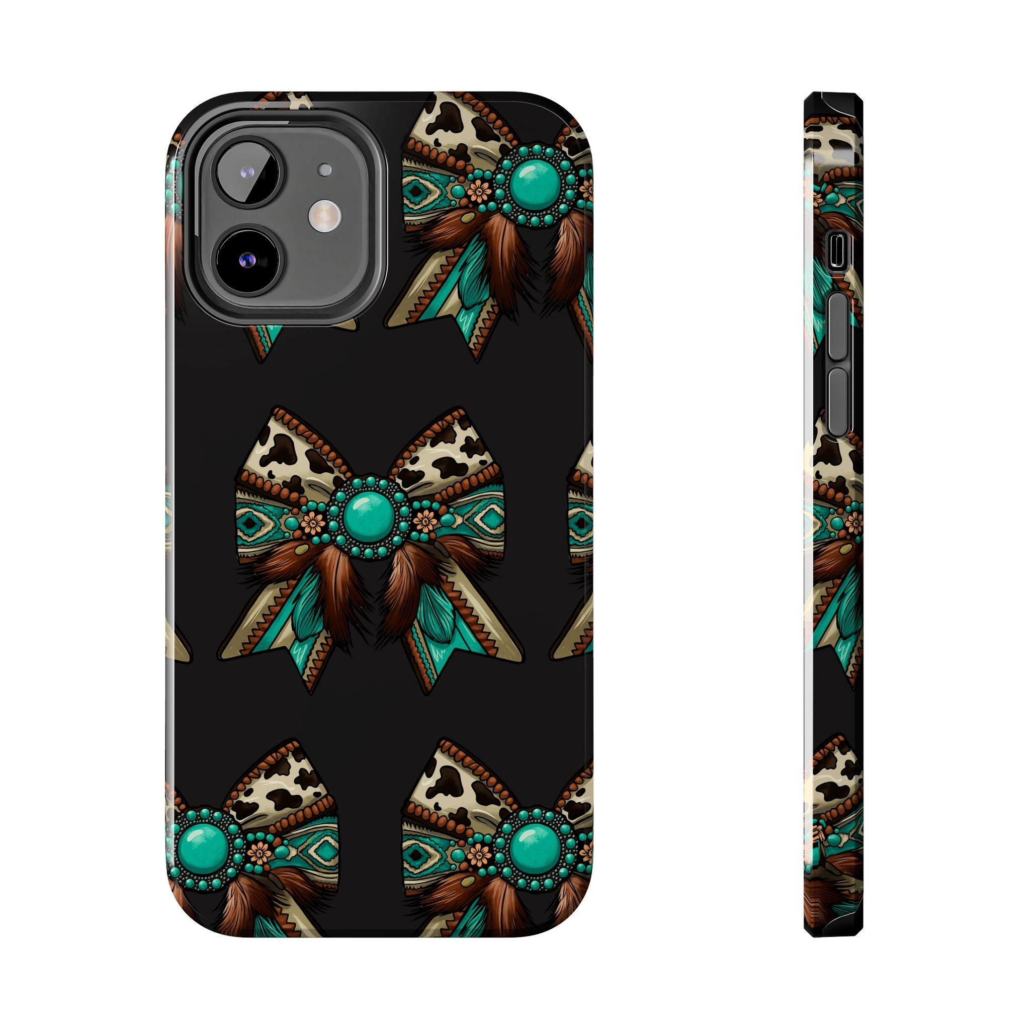 Turquoise Western Bow Tough Phone Case – Cowhide, Feathers & Bead Pattern