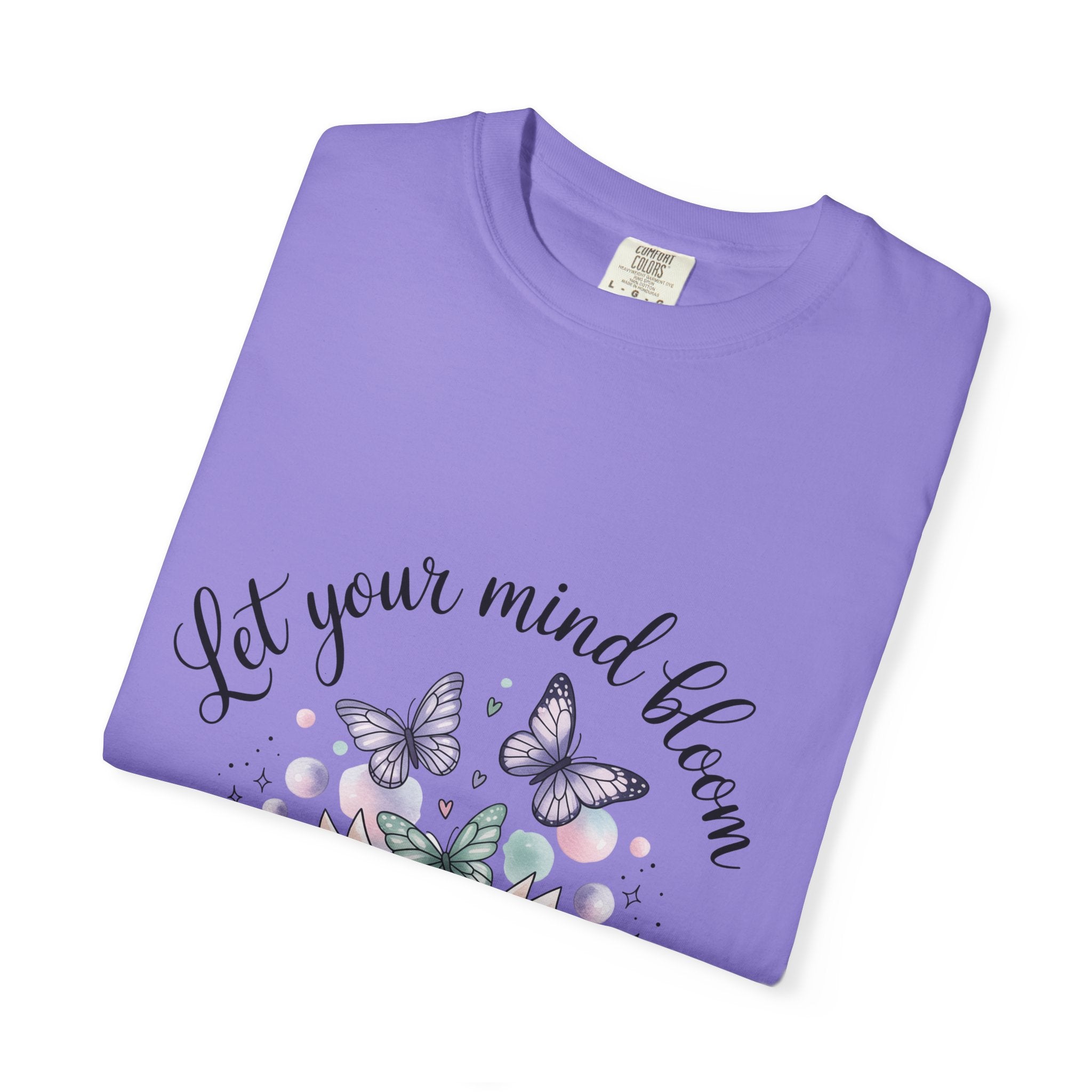 T-Shirt — “Let Your Mind Bloom” Book & Butterflies Graphic Tee