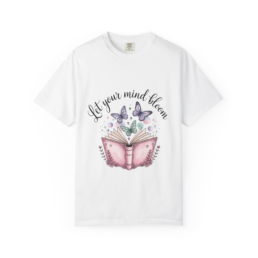 T-Shirt — “Let Your Mind Bloom” Book & Butterflies Graphic Tee
