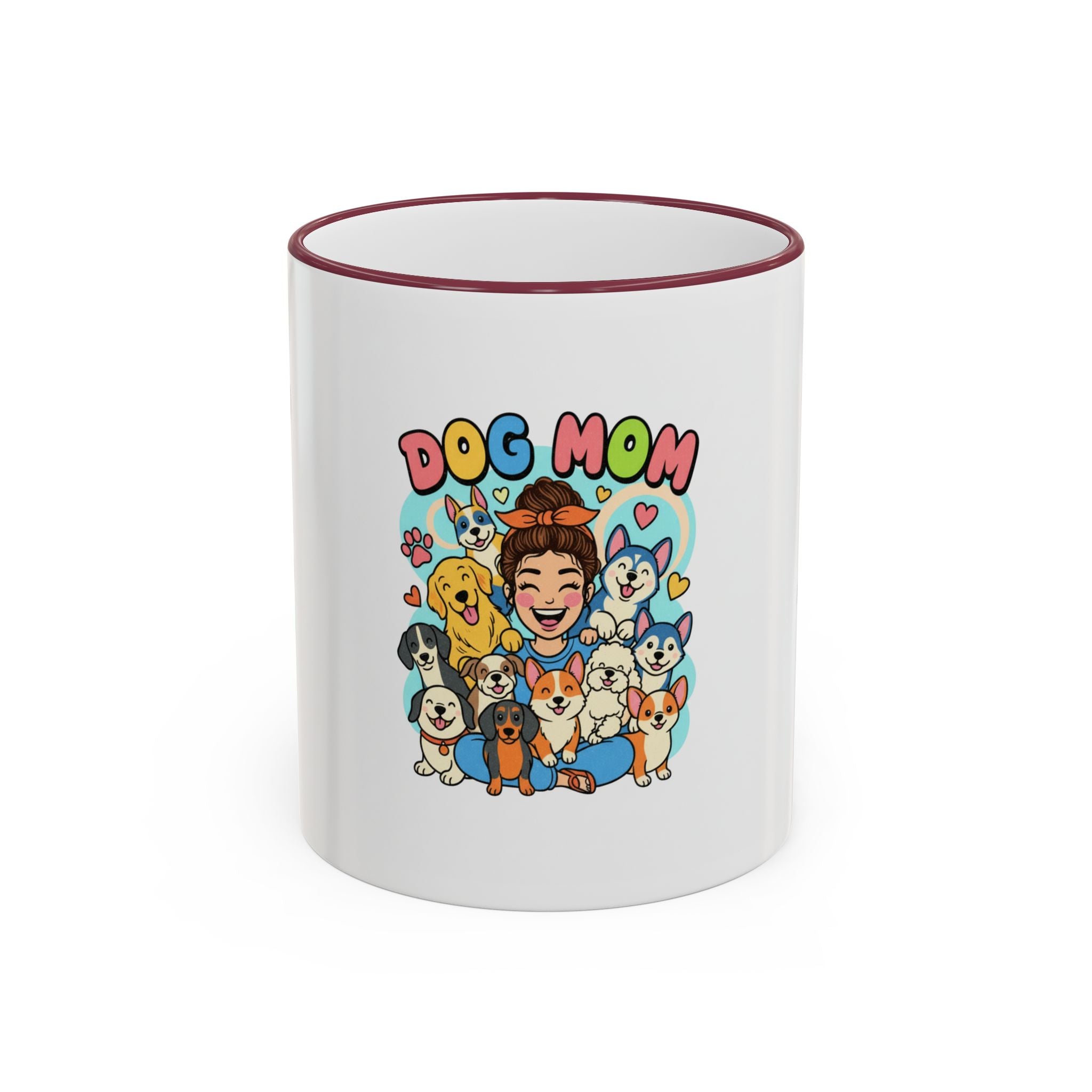 Dog Mom Mug — Cute Cartoon Dogs Accent Rim & Handle Coffee Cup (11oz/15oz)
