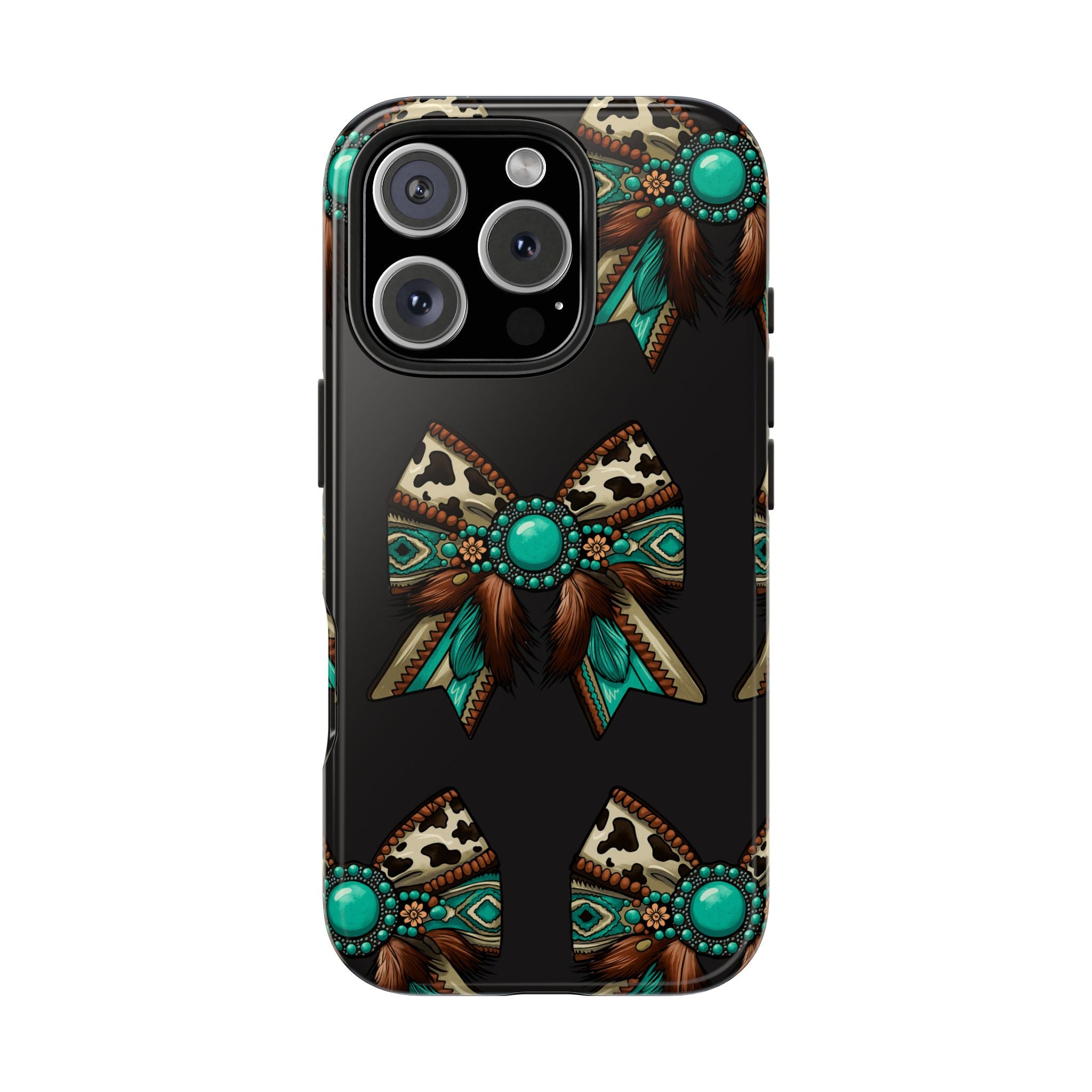 Turquoise Western Bow Tough Phone Case – Cowhide, Feathers & Bead Pattern