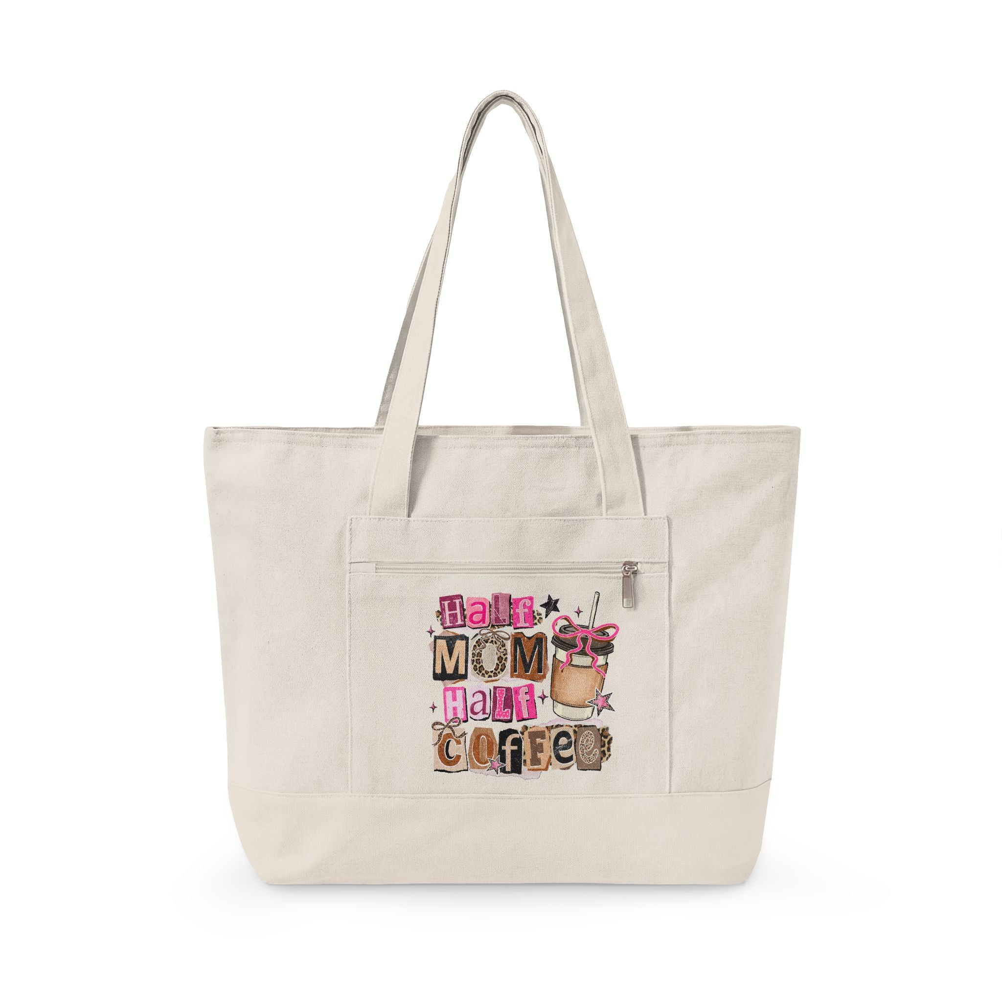 Canvas Tote — "Half Mom, Half Coffee" Cute Mom Tote Bag