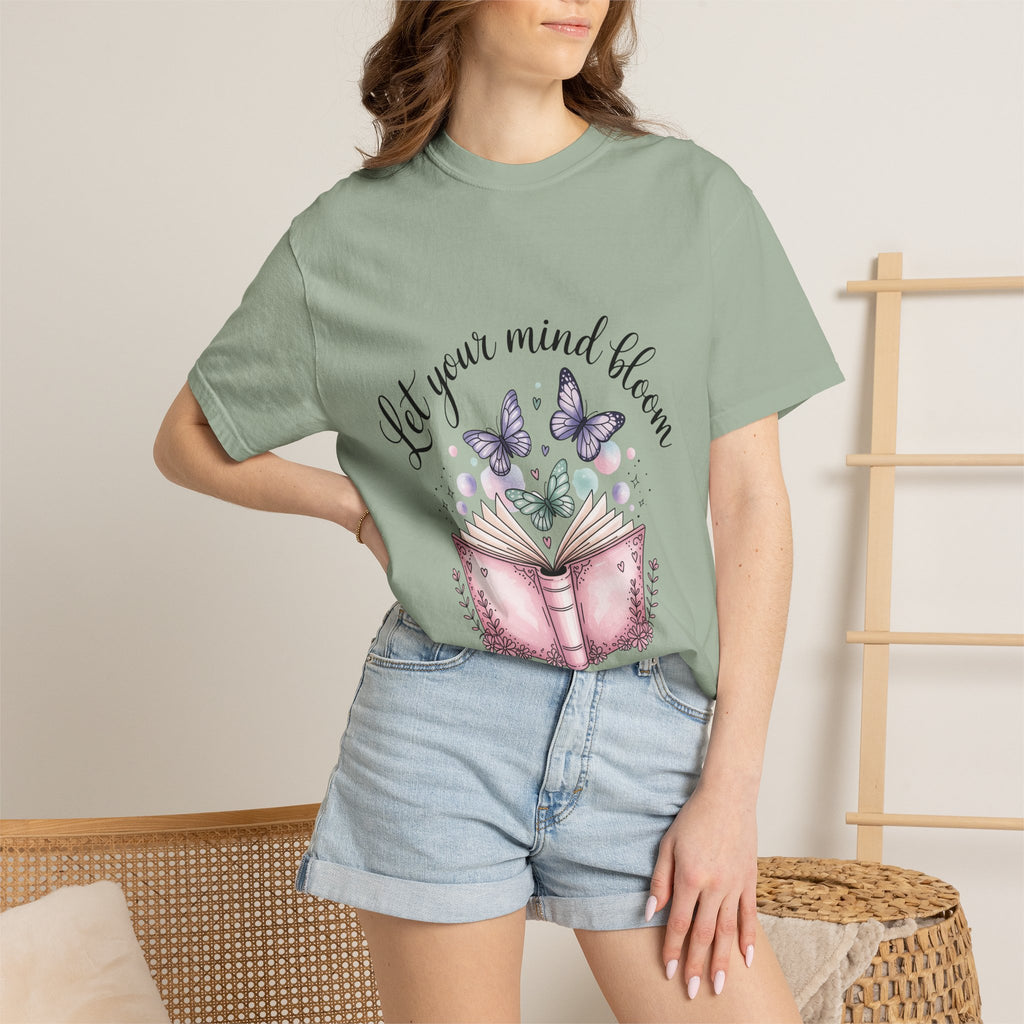 T-Shirt — “Let Your Mind Bloom” Book & Butterflies Graphic Tee