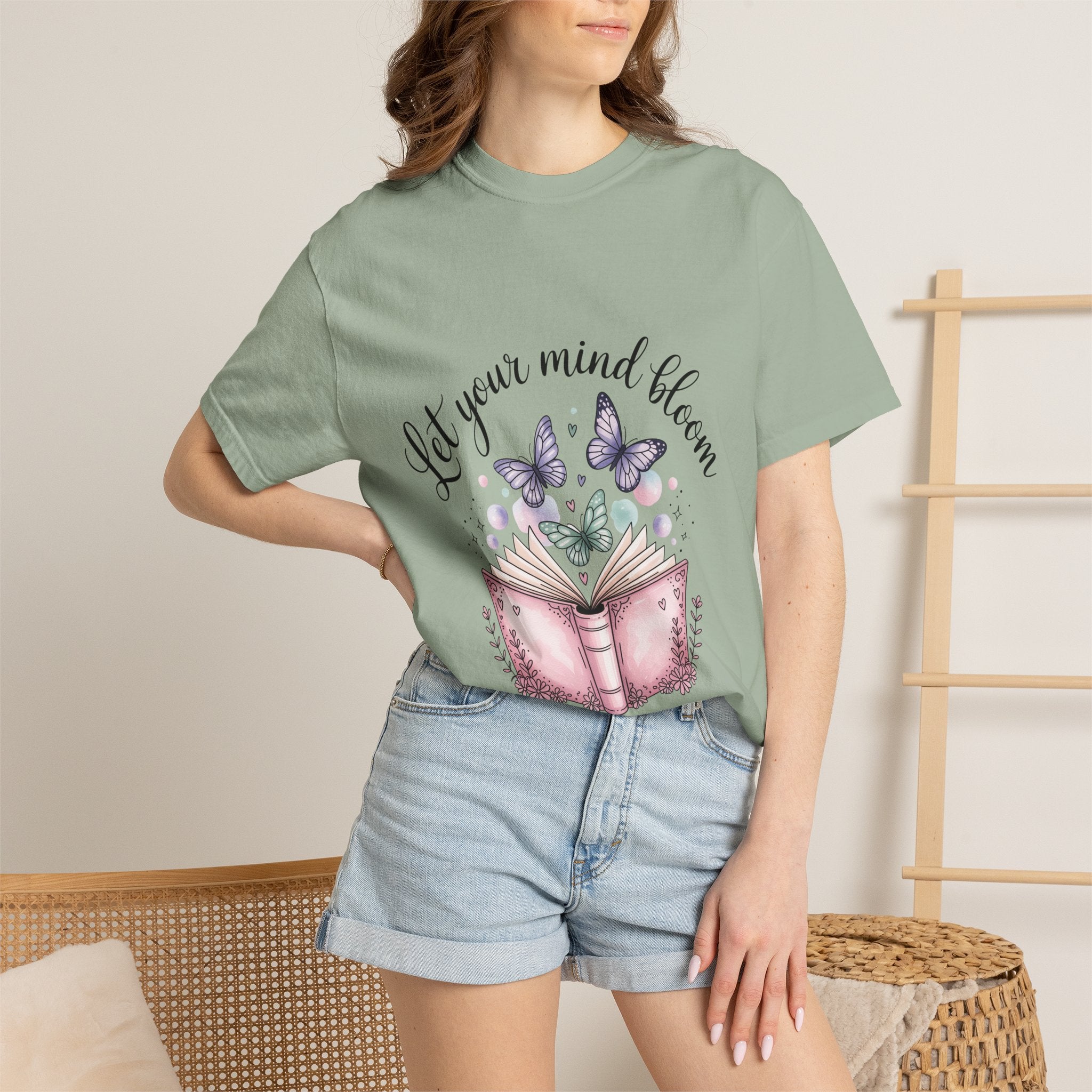 T-Shirt — “Let Your Mind Bloom” Book & Butterflies Graphic Tee