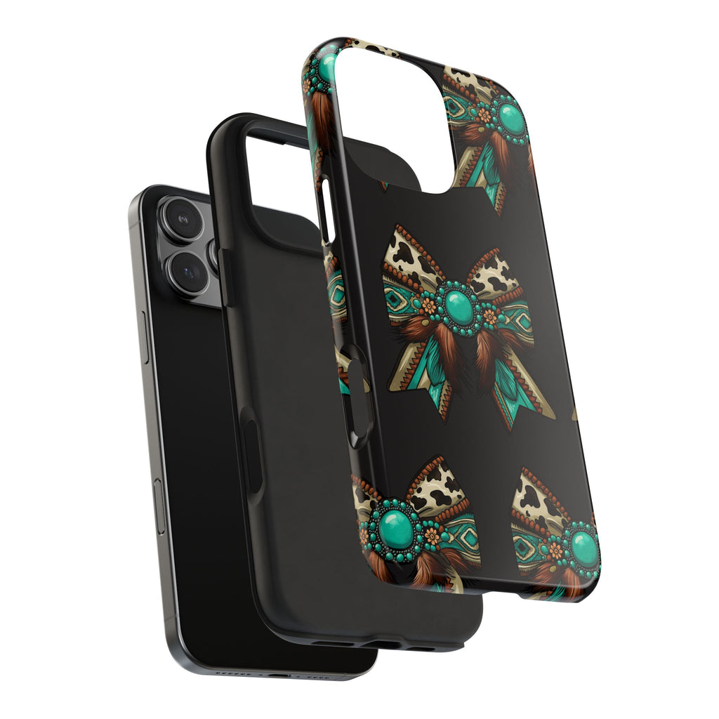 Turquoise Western Bow Tough Phone Case – Cowhide, Feathers & Bead Pattern
