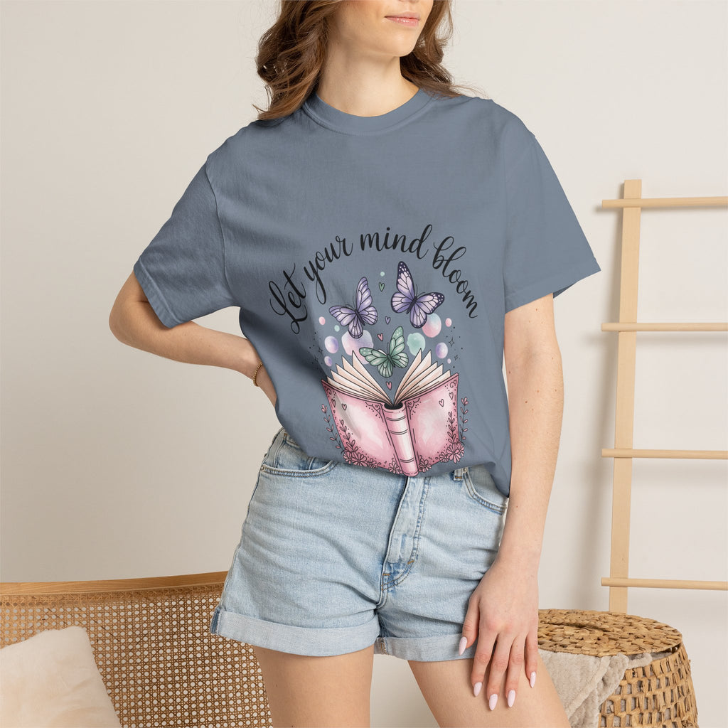 T-Shirt — “Let Your Mind Bloom” Book & Butterflies Graphic Tee