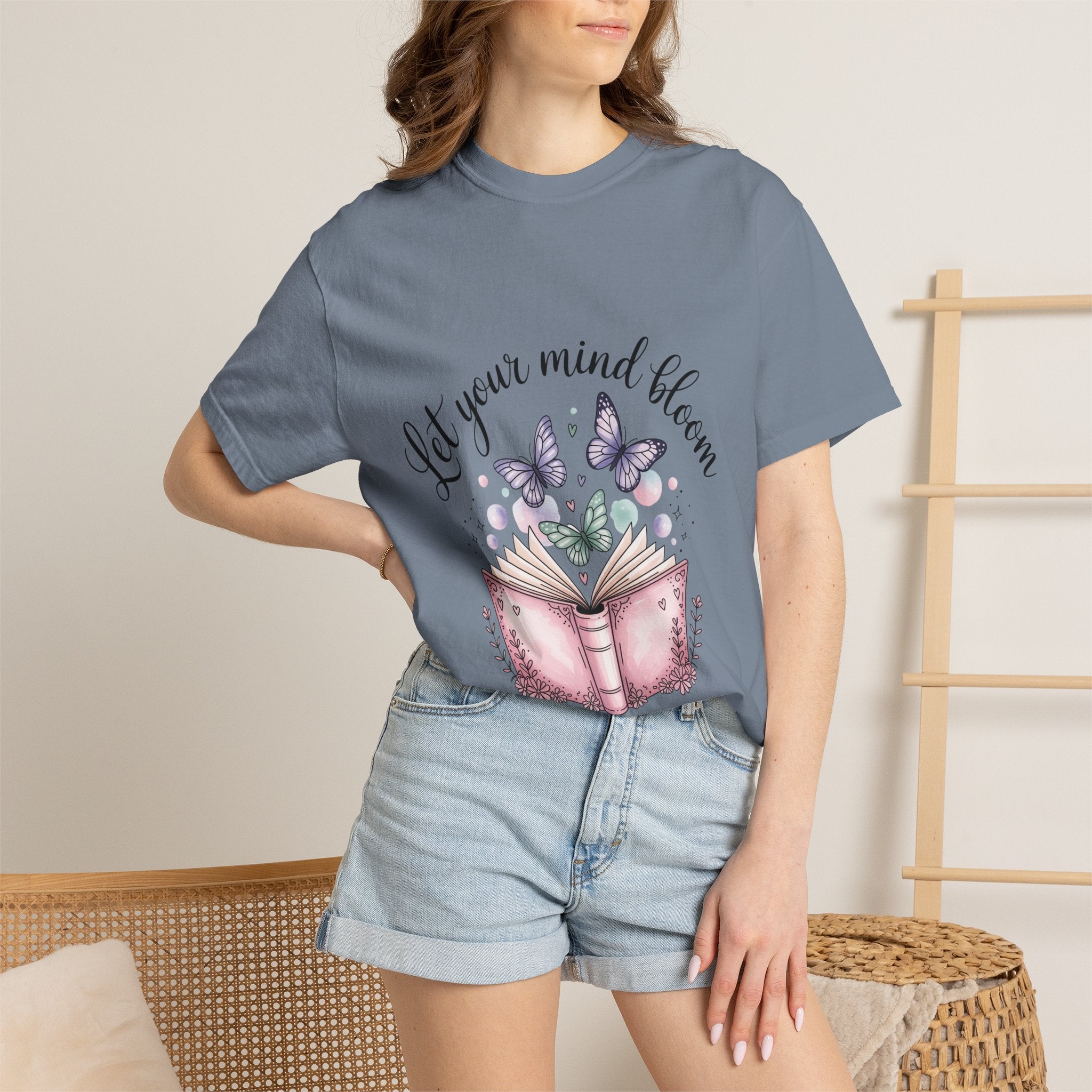 T-Shirt — “Let Your Mind Bloom” Book & Butterflies Graphic Tee