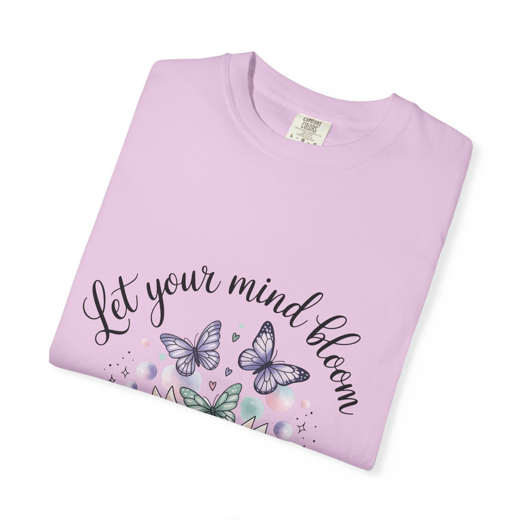 T-Shirt — “Let Your Mind Bloom” Book & Butterflies Graphic Tee