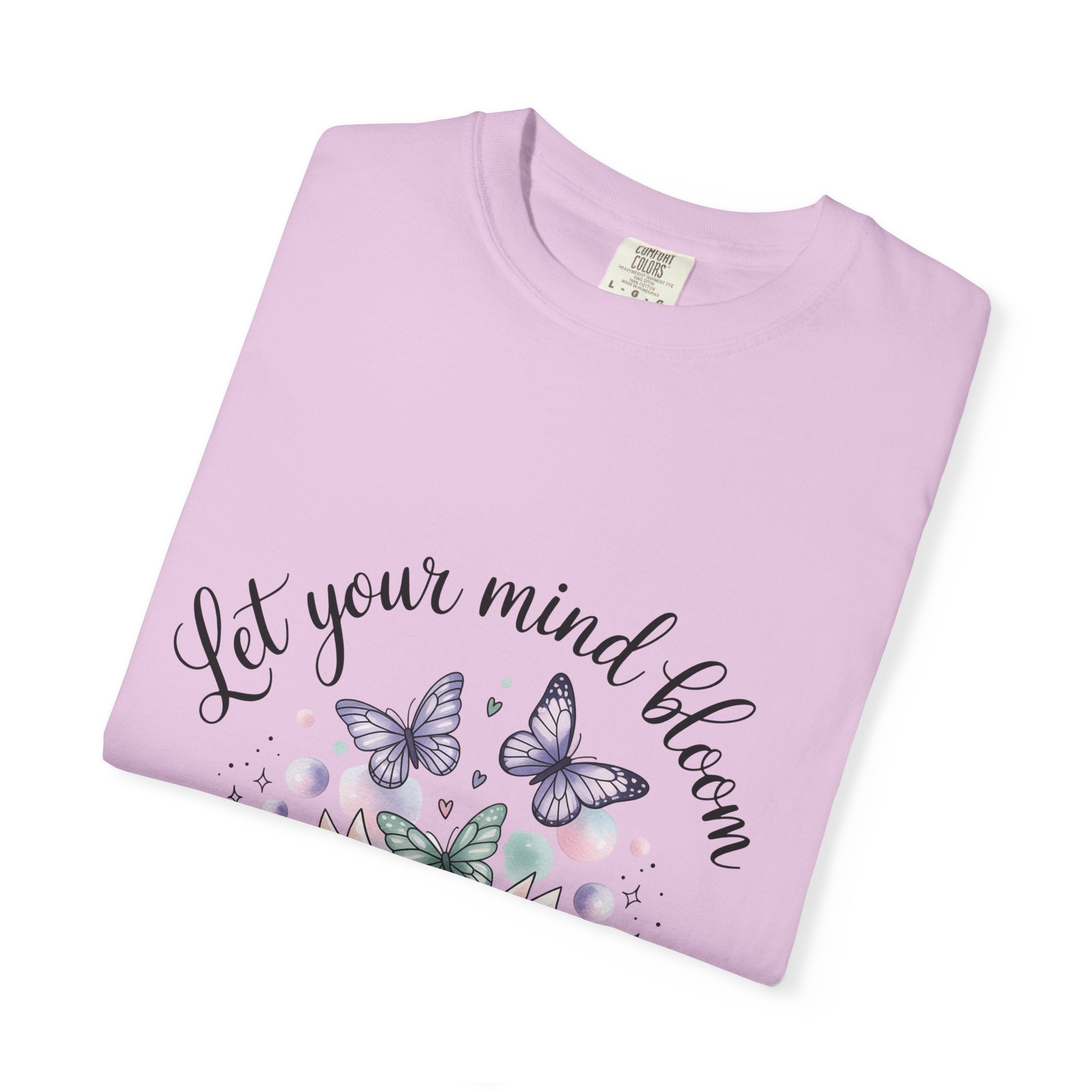 T-Shirt — “Let Your Mind Bloom” Book & Butterflies Graphic Tee
