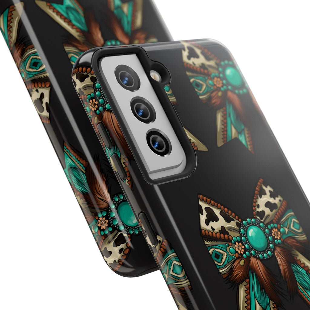 Turquoise Western Bow Tough Phone Case – Cowhide, Feathers & Bead Pattern