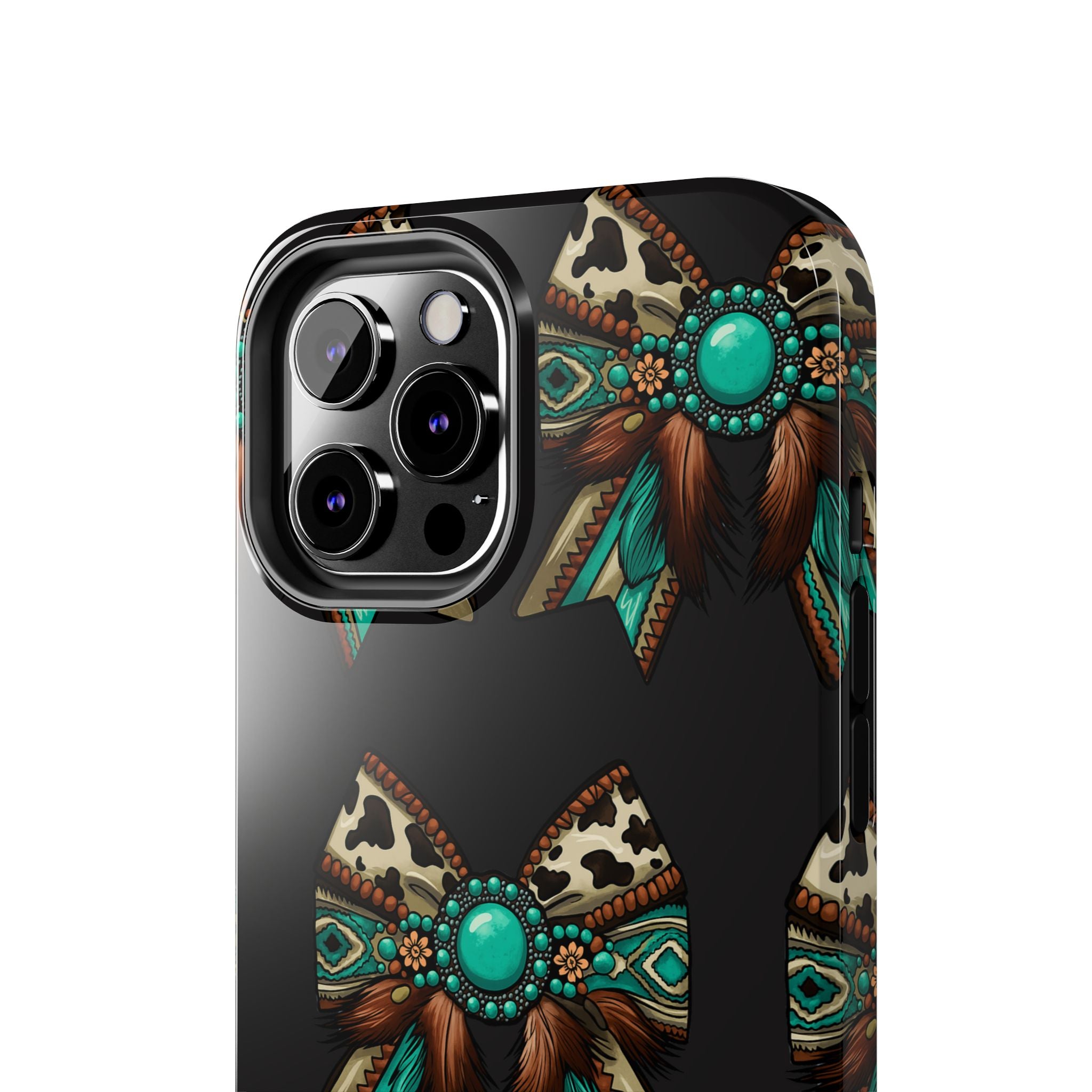 Turquoise Western Bow Tough Phone Case – Cowhide, Feathers & Bead Pattern