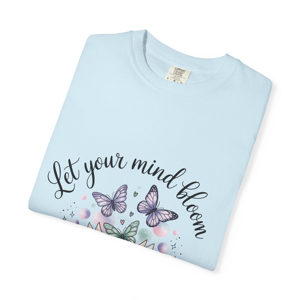 T-Shirt — “Let Your Mind Bloom” Book & Butterflies Graphic Tee