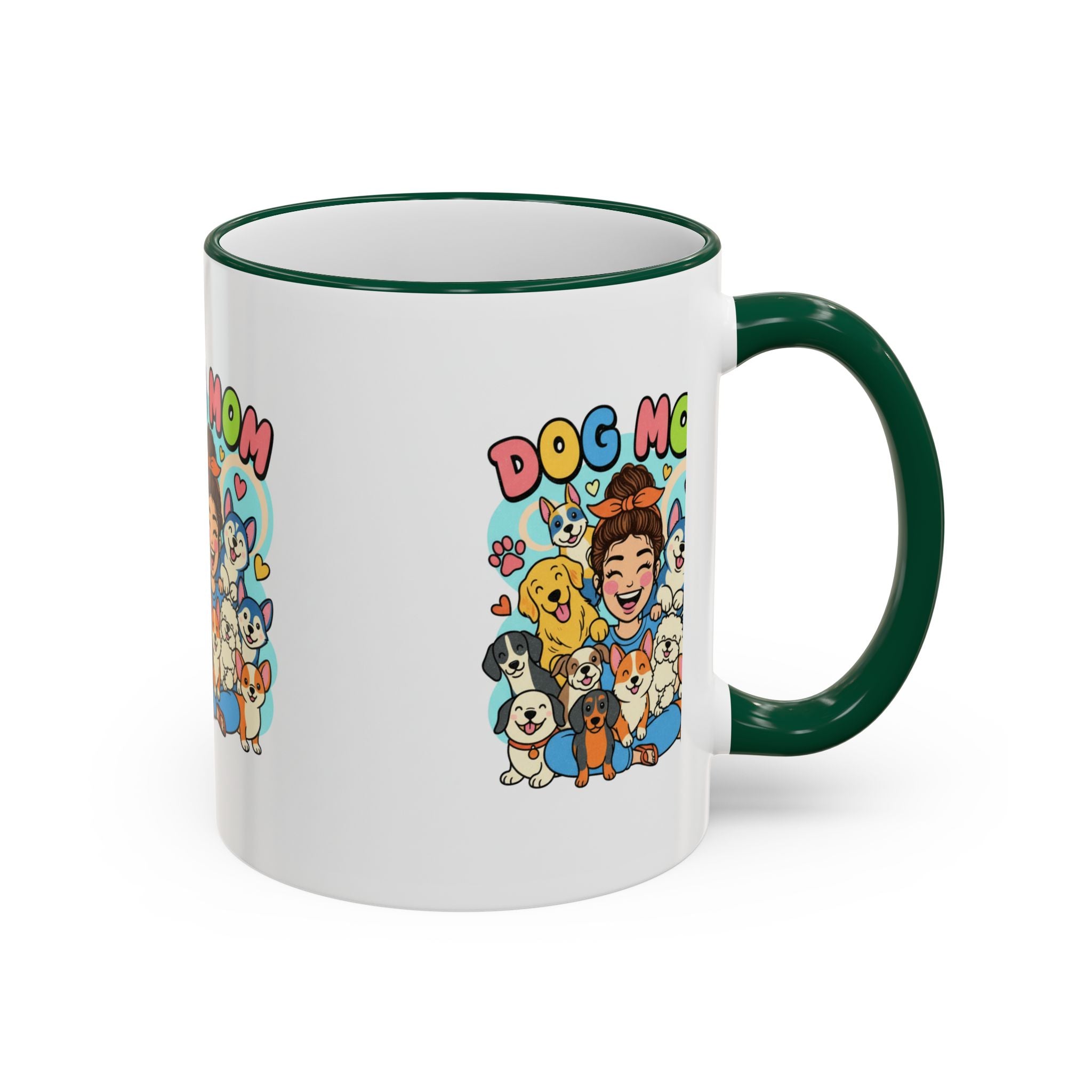 Dog Mom Mug — Cute Cartoon Dogs Accent Rim & Handle Coffee Cup (11oz/15oz)