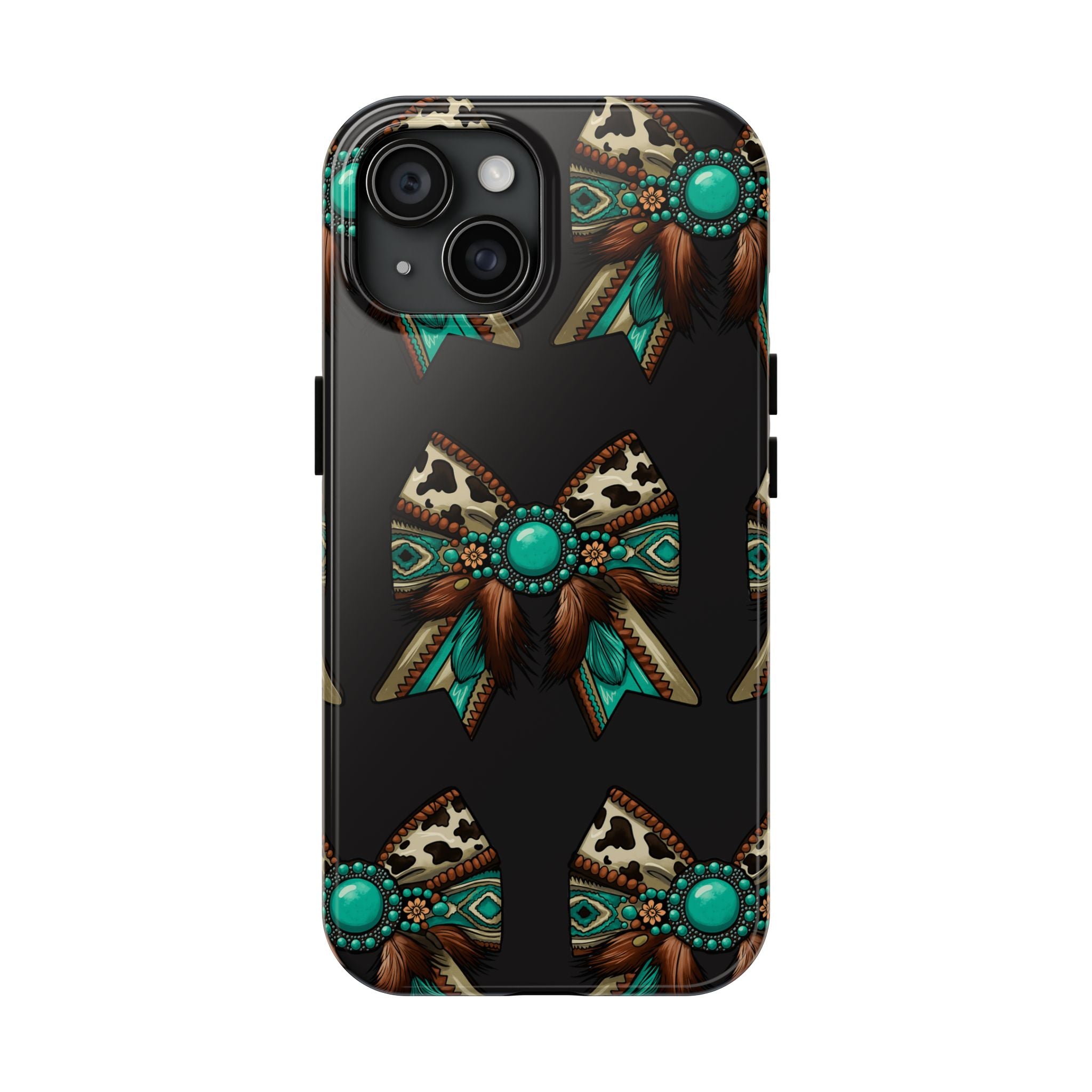 Turquoise Western Bow Tough Phone Case – Cowhide, Feathers & Bead Pattern