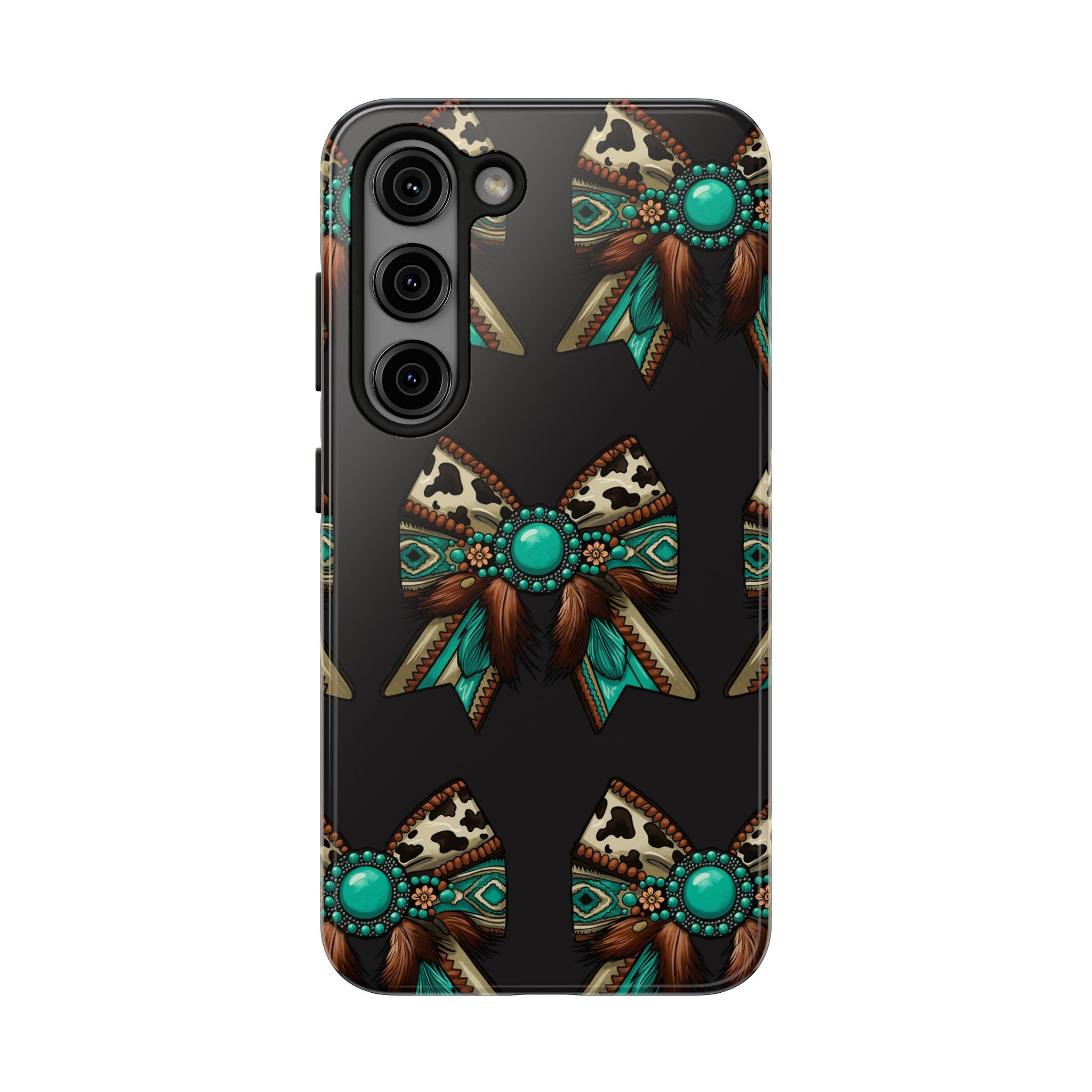 Turquoise Western Bow Tough Phone Case – Cowhide, Feathers & Bead Pattern