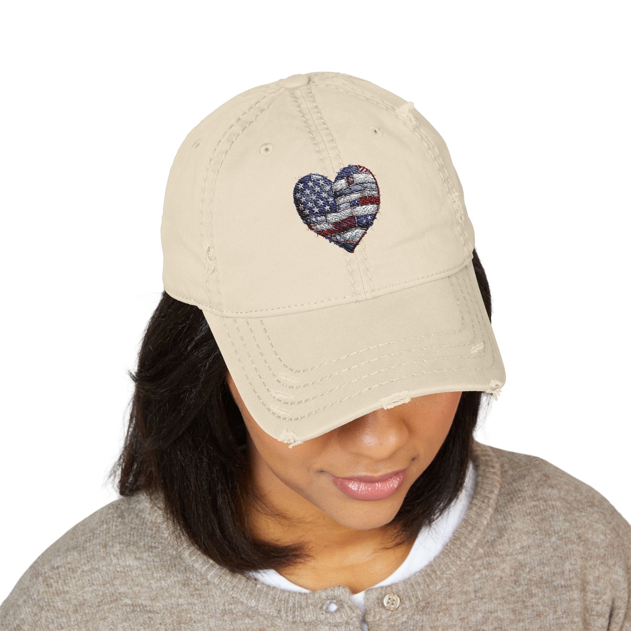 Patriotic Distressed Dad Hat — Embroidered American Flag Heart