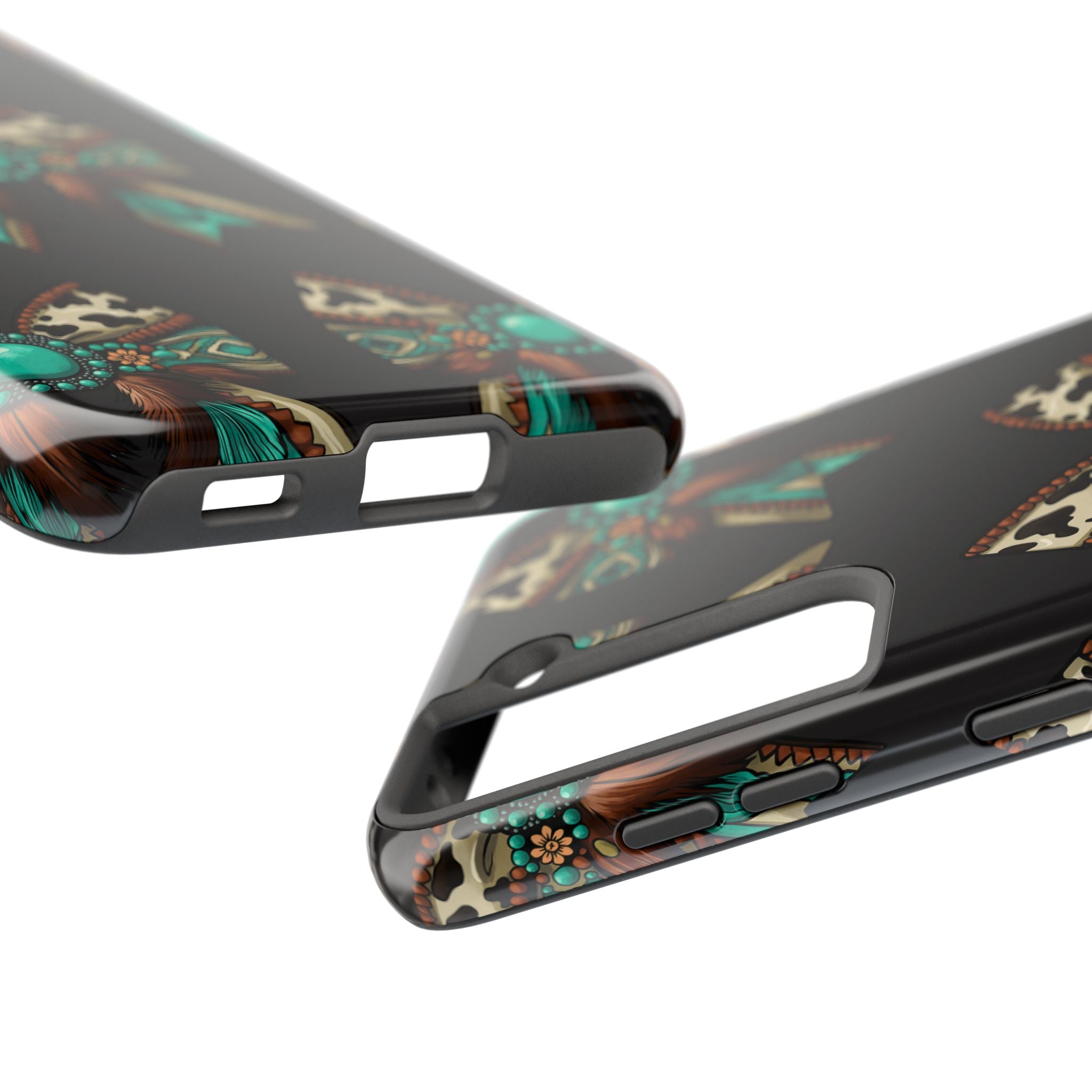 Turquoise Western Bow Tough Phone Case – Cowhide, Feathers & Bead Pattern