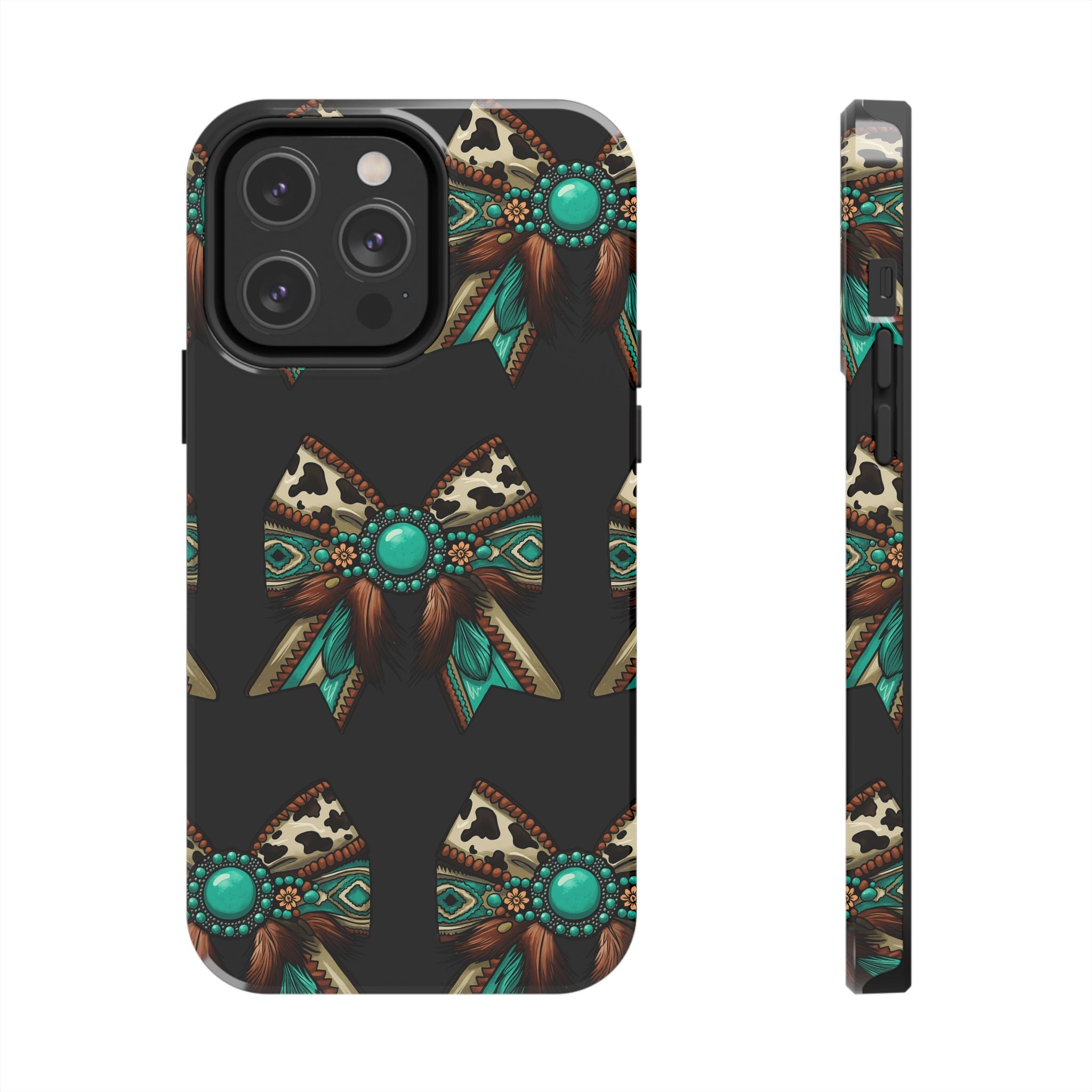 Turquoise Western Bow Tough Phone Case – Cowhide, Feathers & Bead Pattern