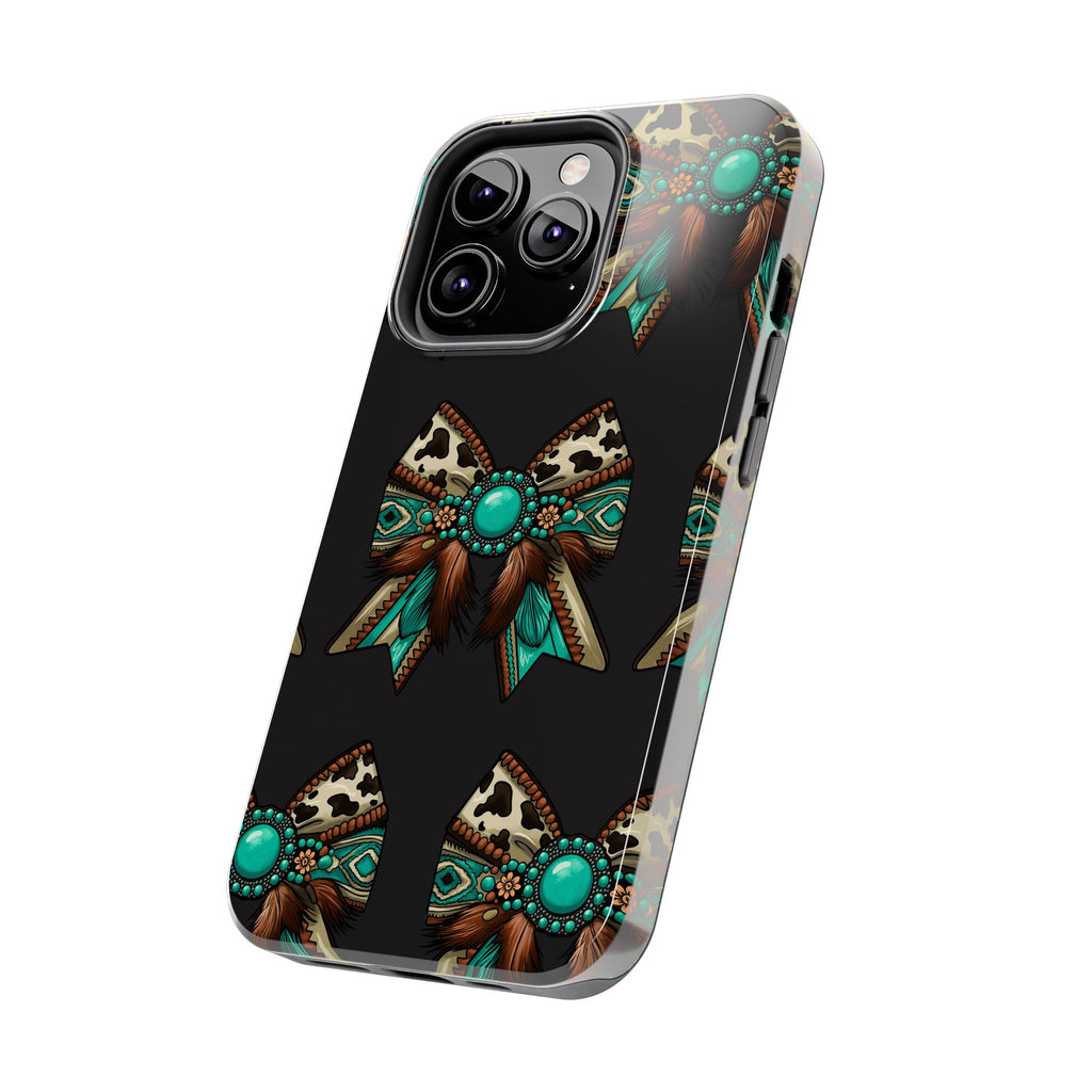 Turquoise Western Bow Tough Phone Case – Cowhide, Feathers & Bead Pattern