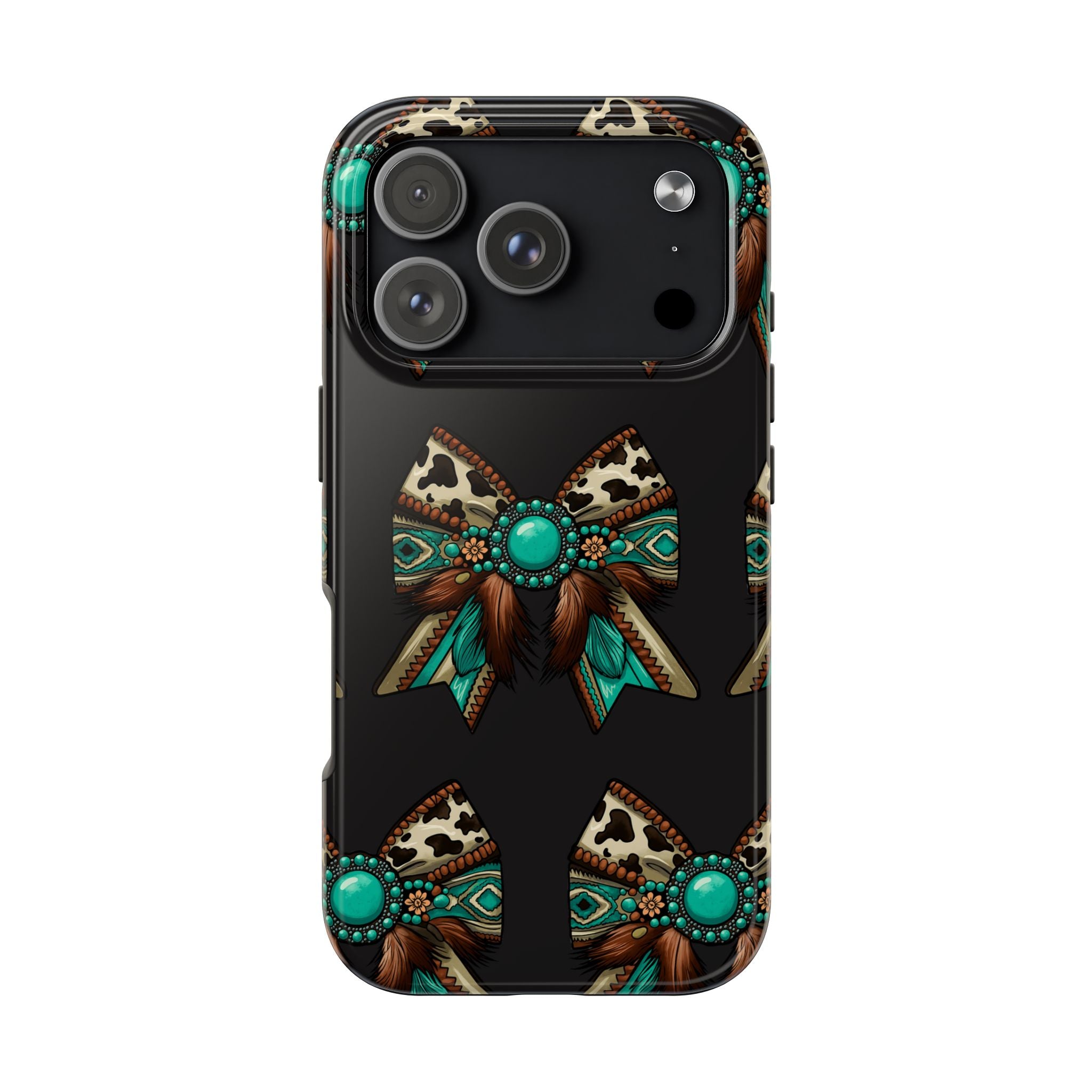 Turquoise Western Bow Tough Phone Case – Cowhide, Feathers & Bead Pattern
