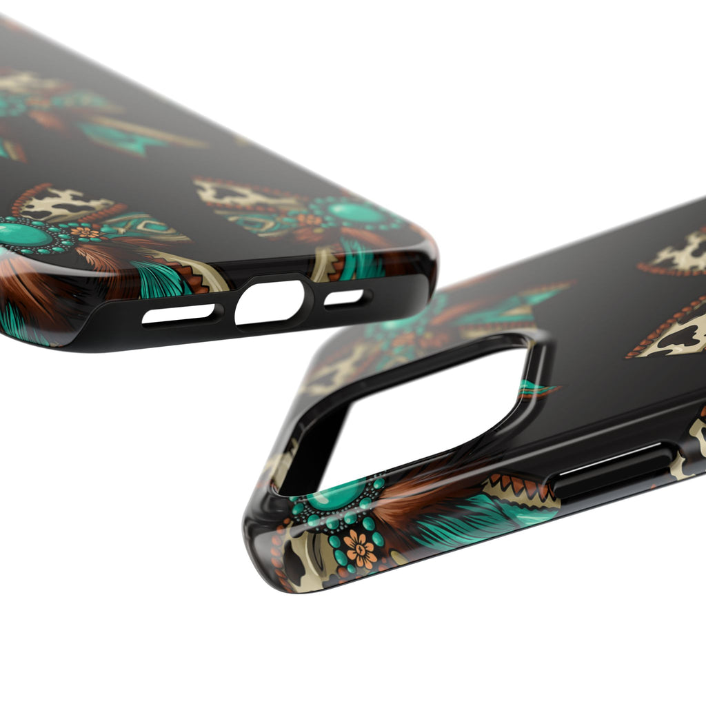 Turquoise Western Bow Tough Phone Case – Cowhide, Feathers & Bead Pattern