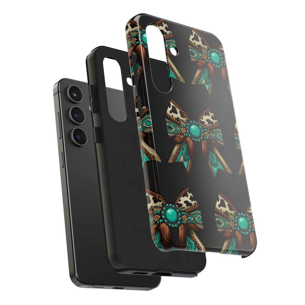 Turquoise Western Bow Tough Phone Case – Cowhide, Feathers & Bead Pattern