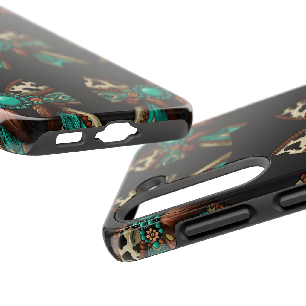 Turquoise Western Bow Tough Phone Case – Cowhide, Feathers & Bead Pattern