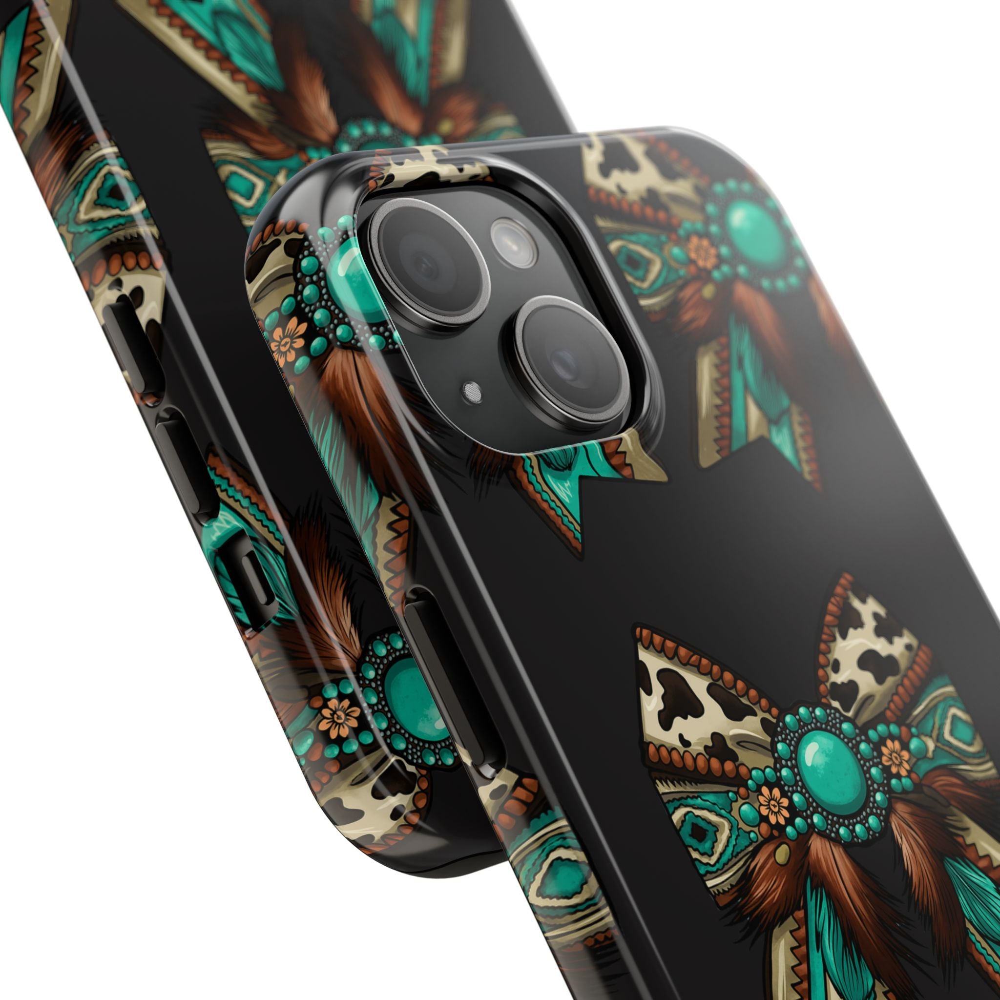 Turquoise Western Bow Tough Phone Case – Cowhide, Feathers & Bead Pattern