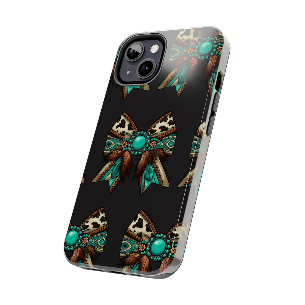 Turquoise Western Bow Tough Phone Case – Cowhide, Feathers & Bead Pattern