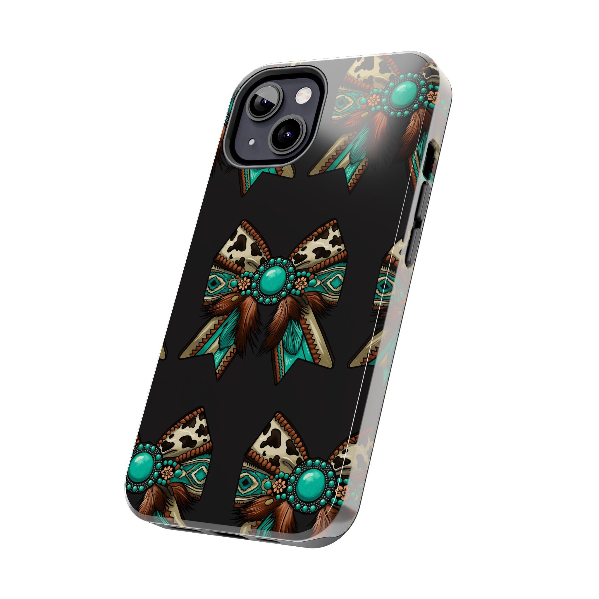 Turquoise Western Bow Tough Phone Case – Cowhide, Feathers & Bead Pattern