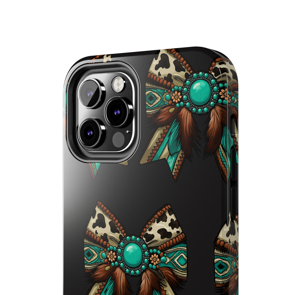 Turquoise Western Bow Tough Phone Case – Cowhide, Feathers & Bead Pattern
