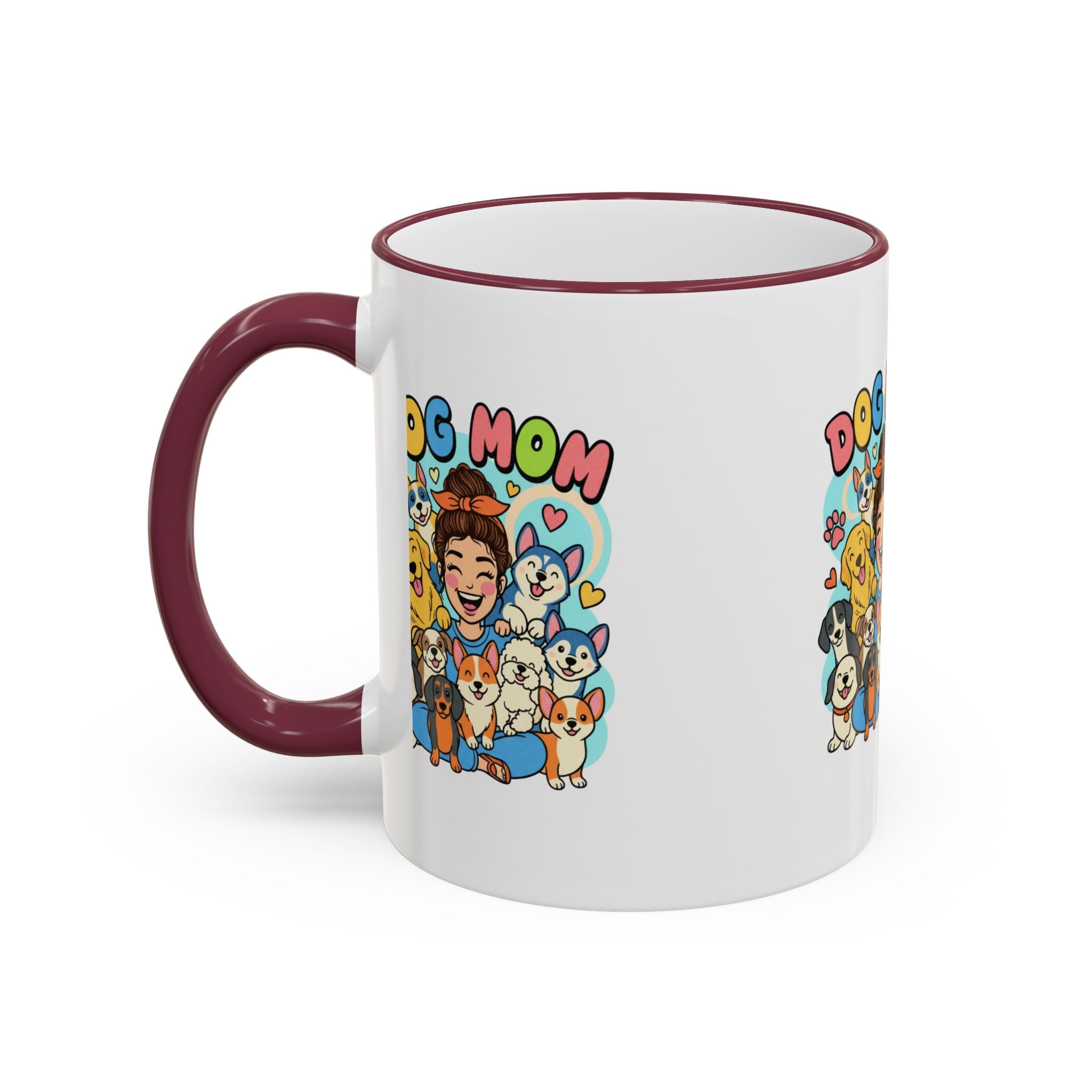 Dog Mom Mug — Cute Cartoon Dogs Accent Rim & Handle Coffee Cup (11oz/15oz)