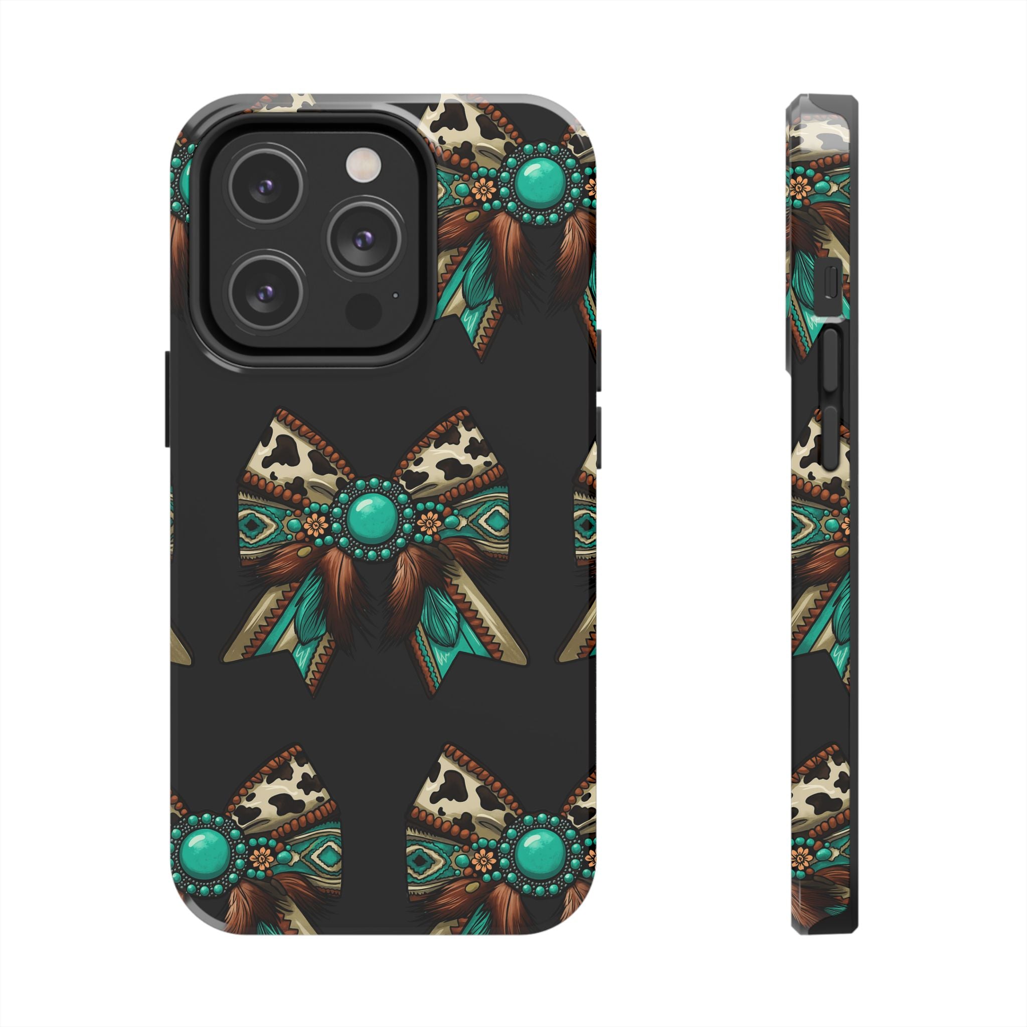 Turquoise Western Bow Tough Phone Case – Cowhide, Feathers & Bead Pattern