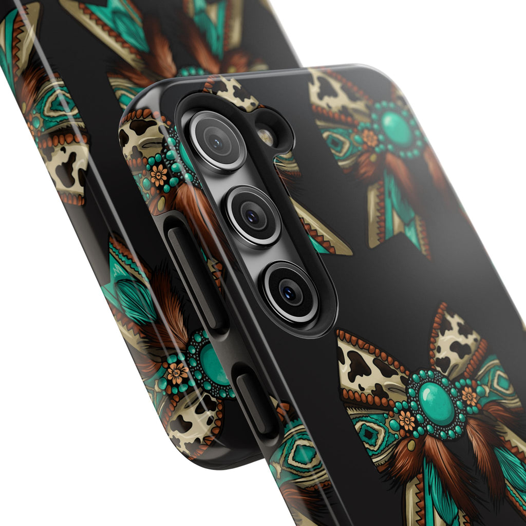 Turquoise Western Bow Tough Phone Case – Cowhide, Feathers & Bead Pattern