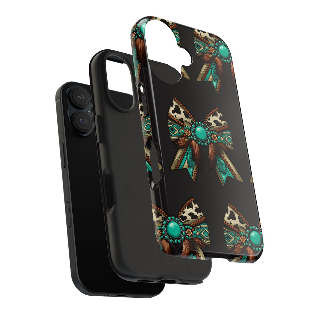 Turquoise Western Bow Tough Phone Case – Cowhide, Feathers & Bead Pattern