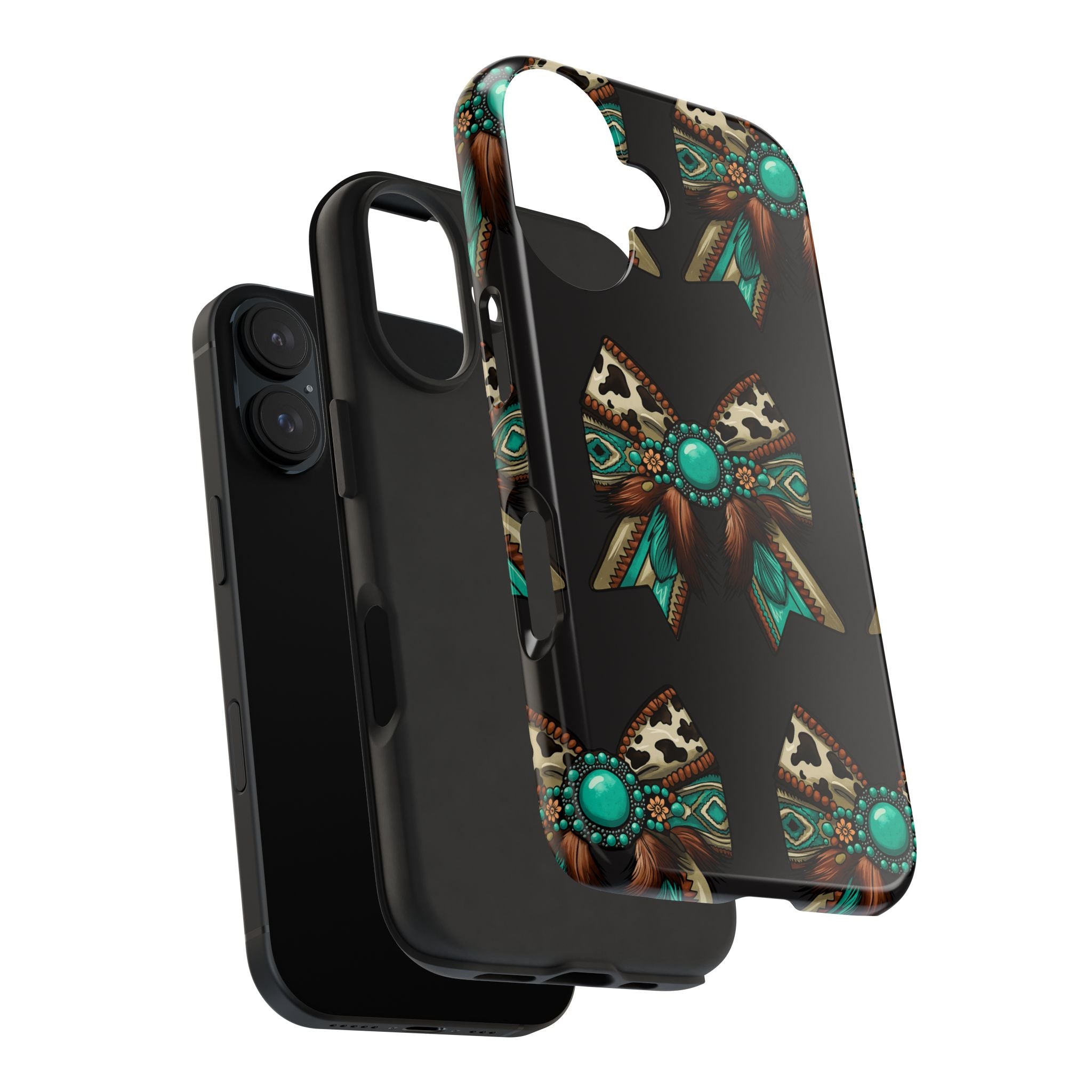 Turquoise Western Bow Tough Phone Case – Cowhide, Feathers & Bead Pattern