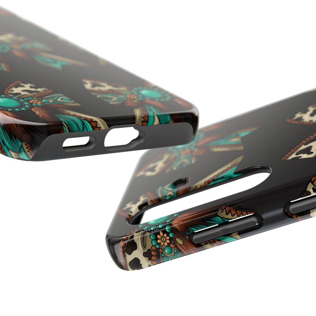 Turquoise Western Bow Tough Phone Case – Cowhide, Feathers & Bead Pattern