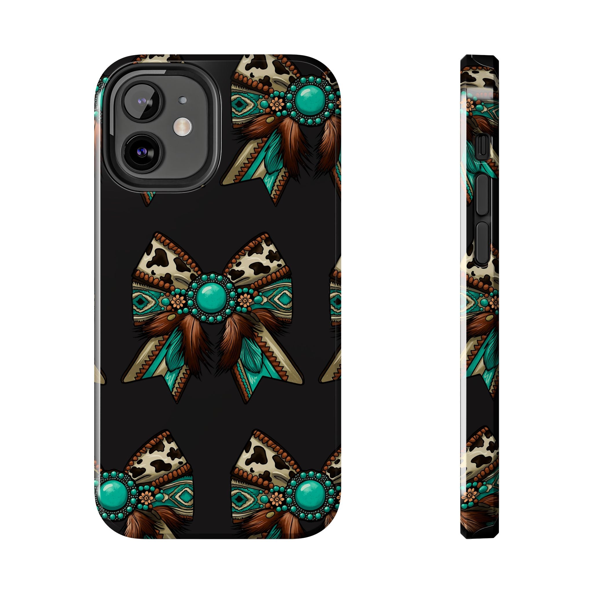 Turquoise Western Bow Tough Phone Case – Cowhide, Feathers & Bead Pattern