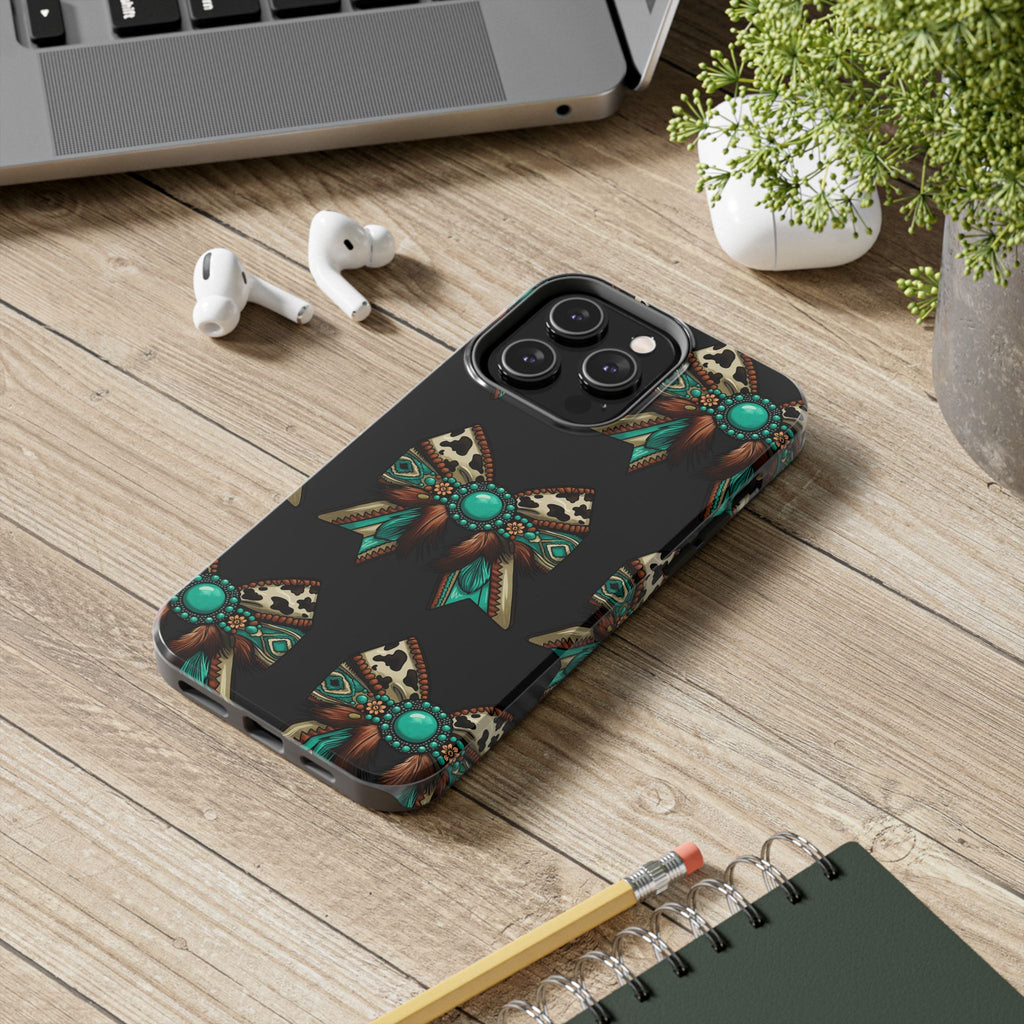 Turquoise Western Bow Tough Phone Case – Cowhide, Feathers & Bead Pattern