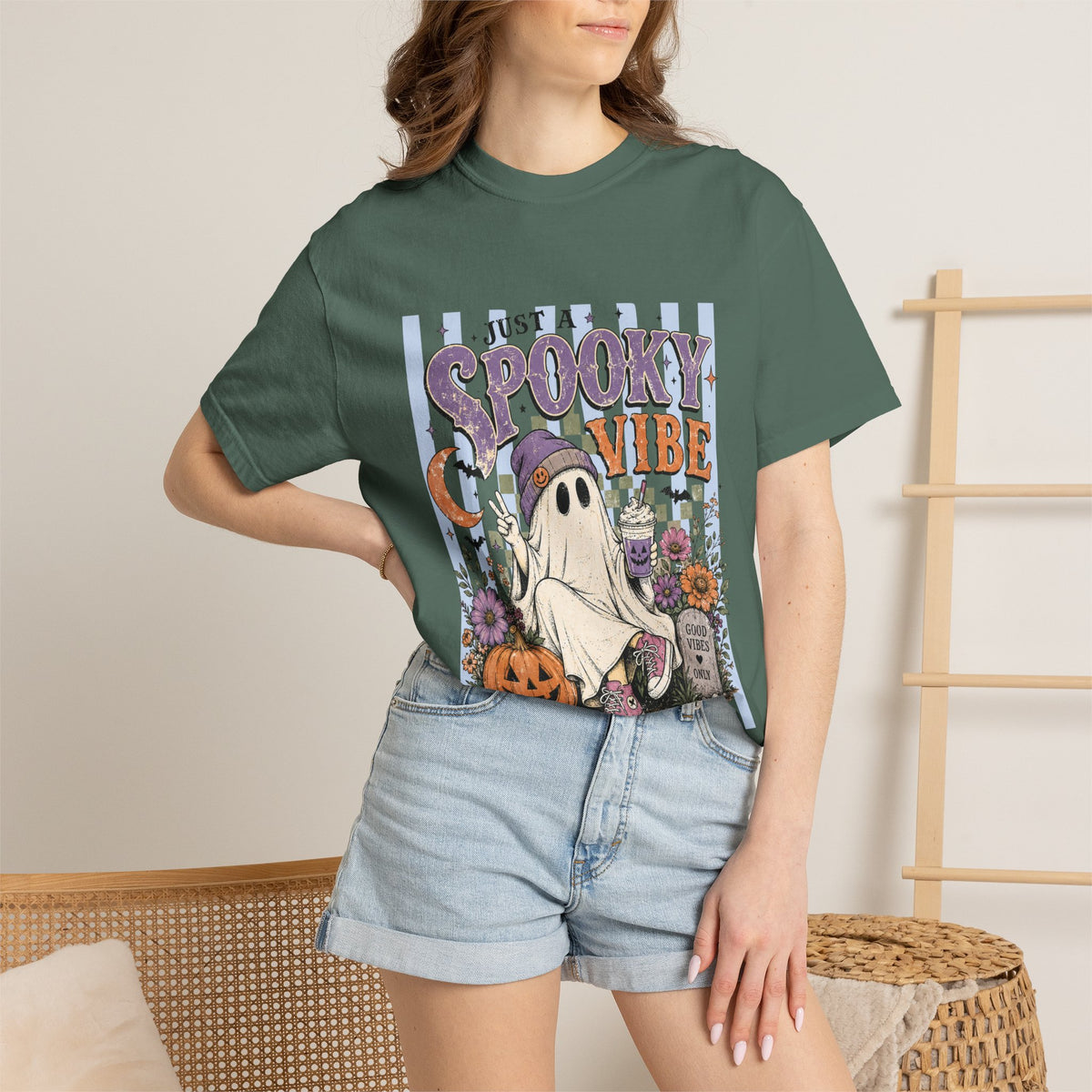 Spooky Vibe Ghost Tee — Halloween Pumpkin Graveyard Graphic T-Shirt