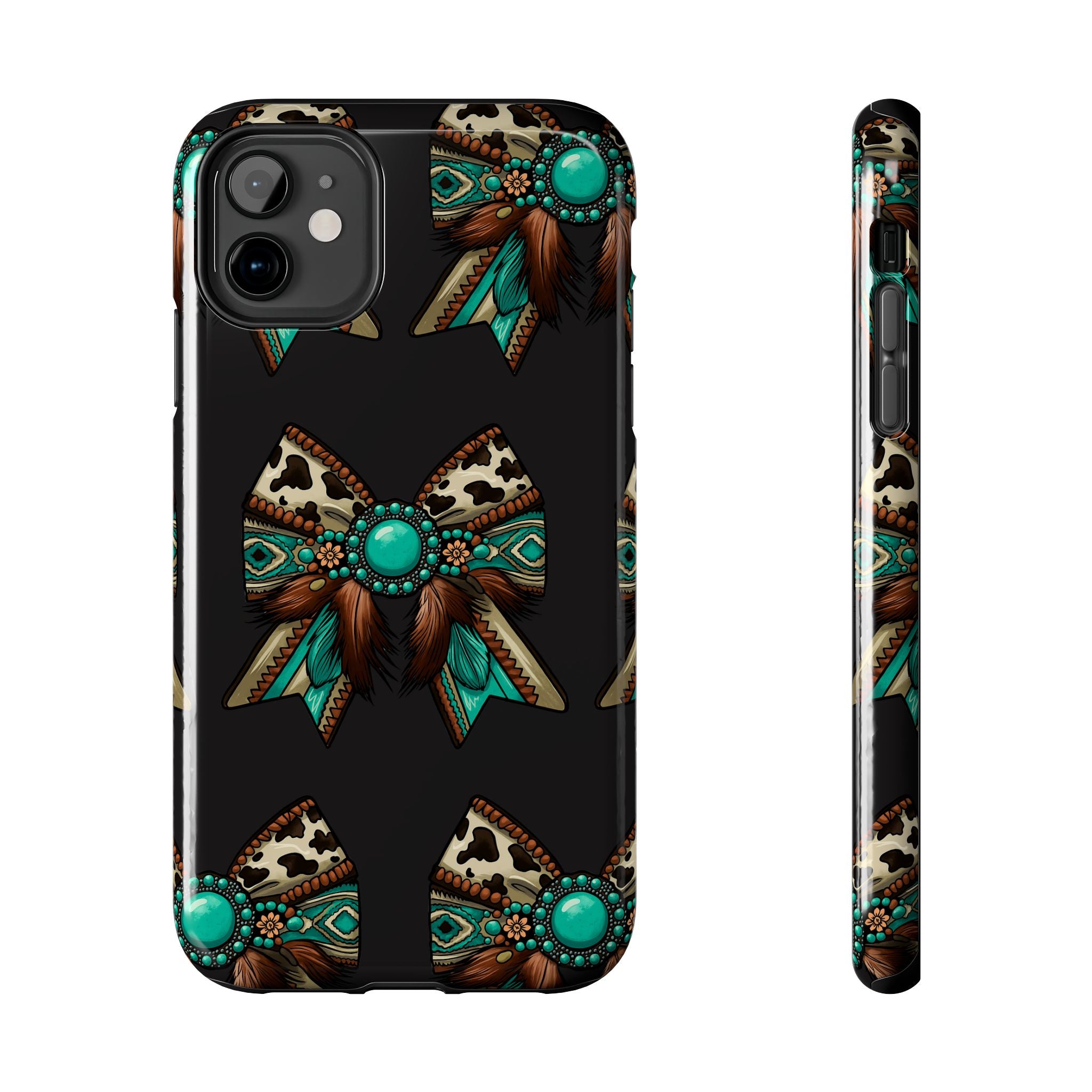 Turquoise Western Bow Tough Phone Case – Cowhide, Feathers & Bead Pattern