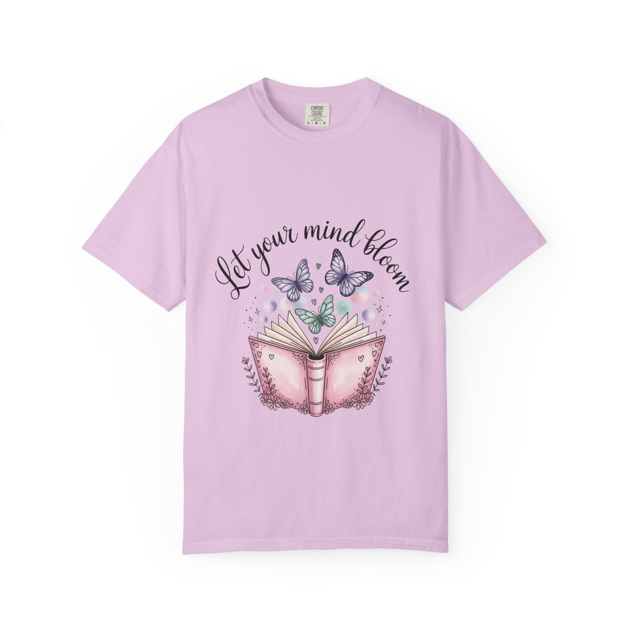 T-Shirt — “Let Your Mind Bloom” Book & Butterflies Graphic Tee