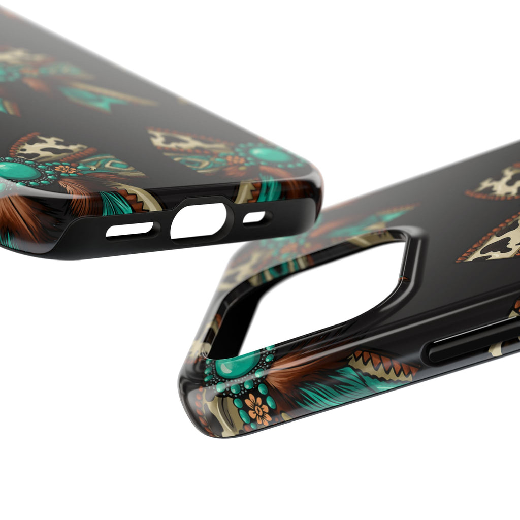 Turquoise Western Bow Tough Phone Case – Cowhide, Feathers & Bead Pattern
