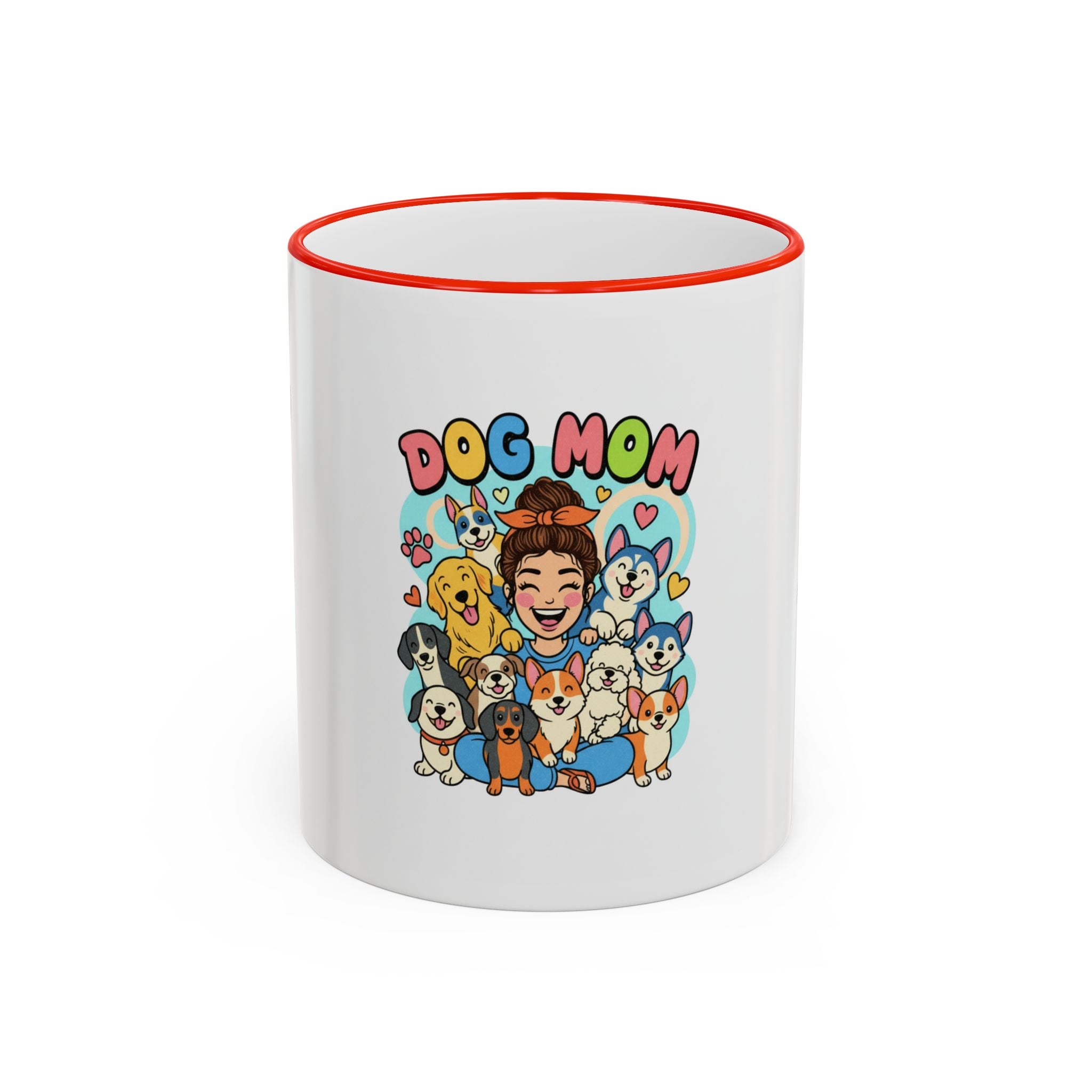 Dog Mom Mug — Cute Cartoon Dogs Accent Rim & Handle Coffee Cup (11oz/15oz)