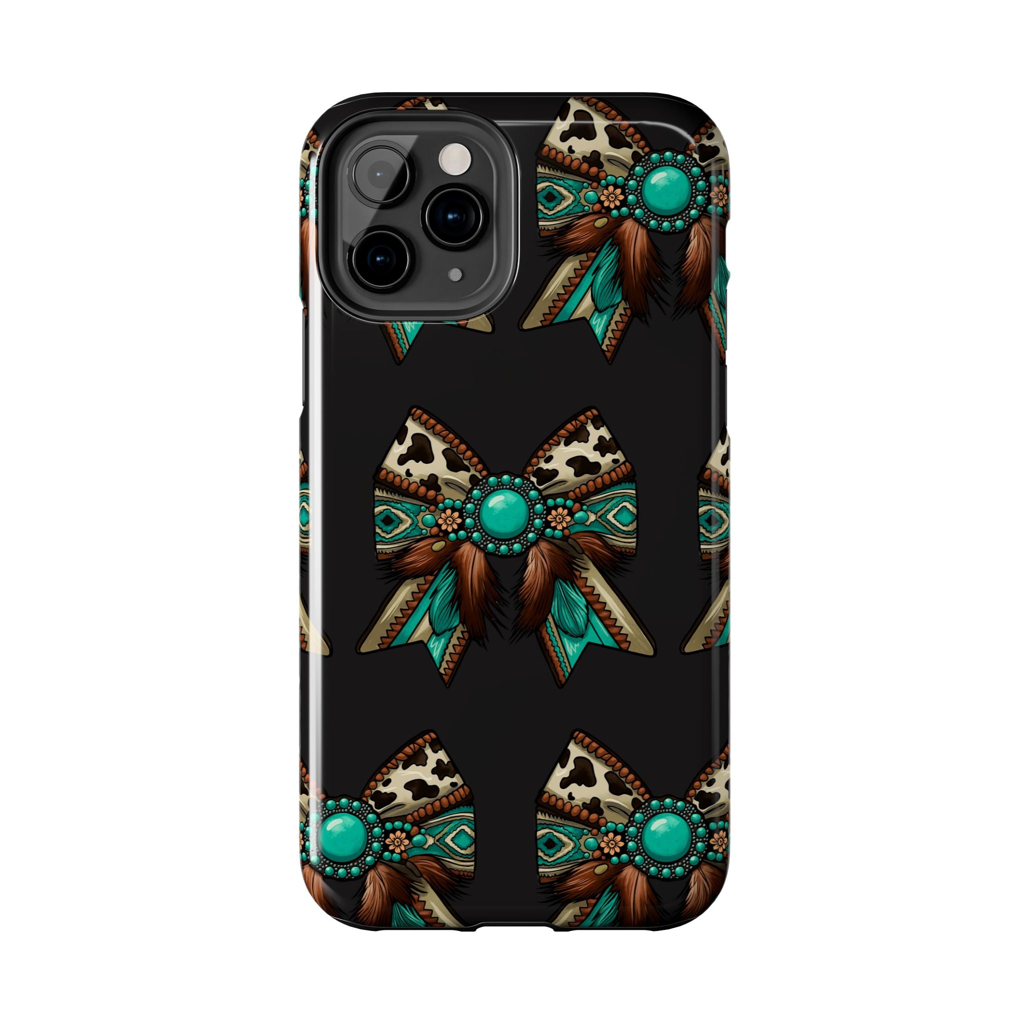 Turquoise Western Bow Tough Phone Case – Cowhide, Feathers & Bead Pattern